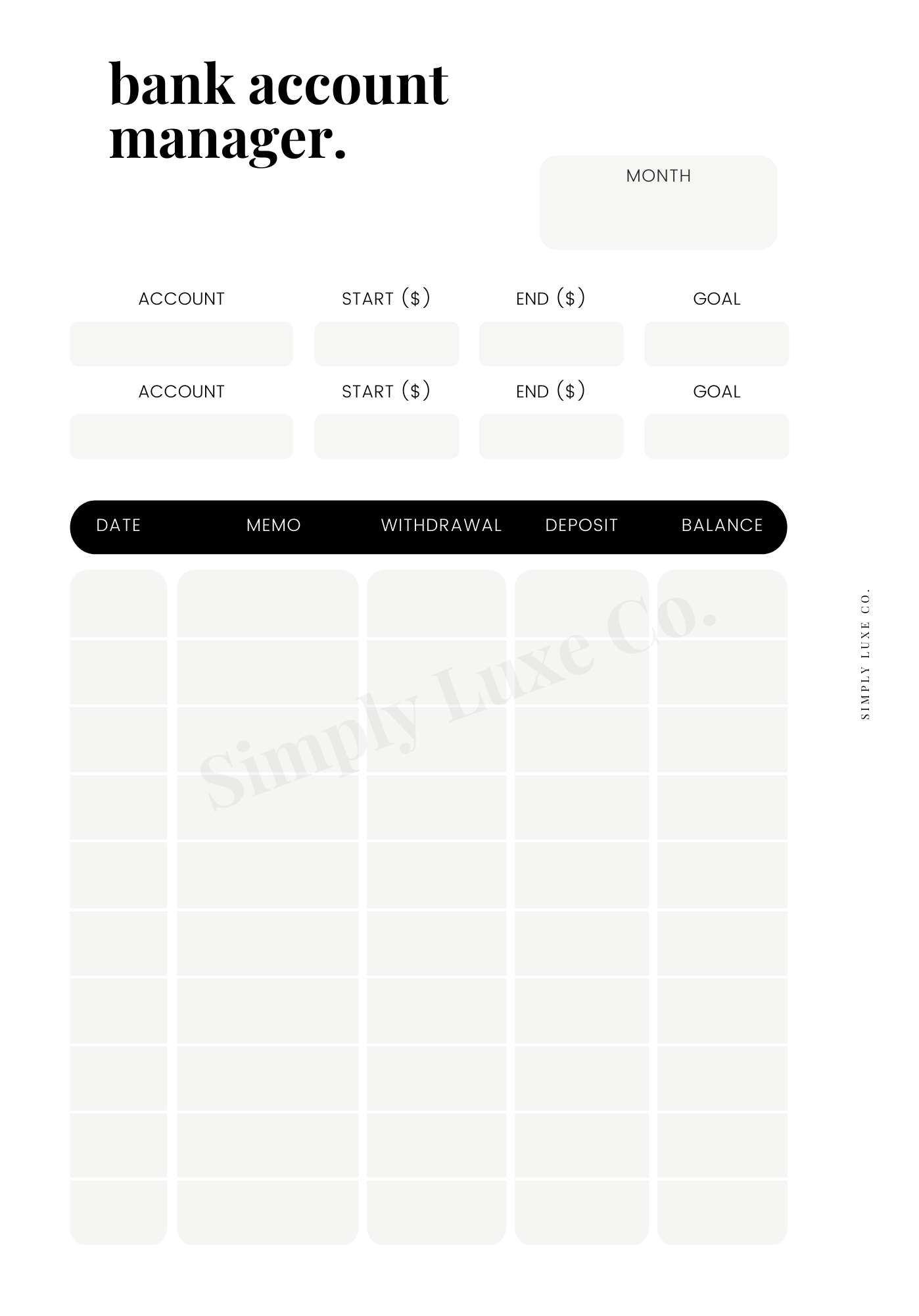 Bank Account Manager Printable Insert