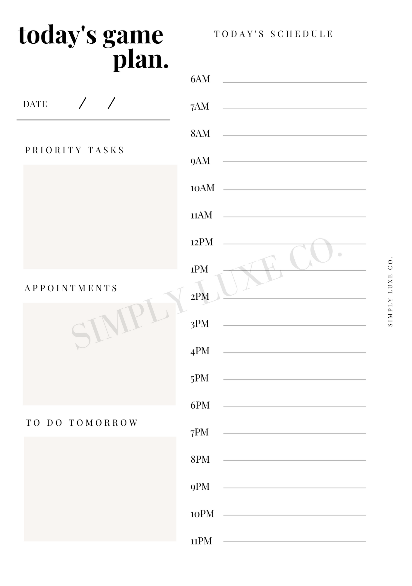 Today's Game Plan Printable Inserts - Available in 2 colors