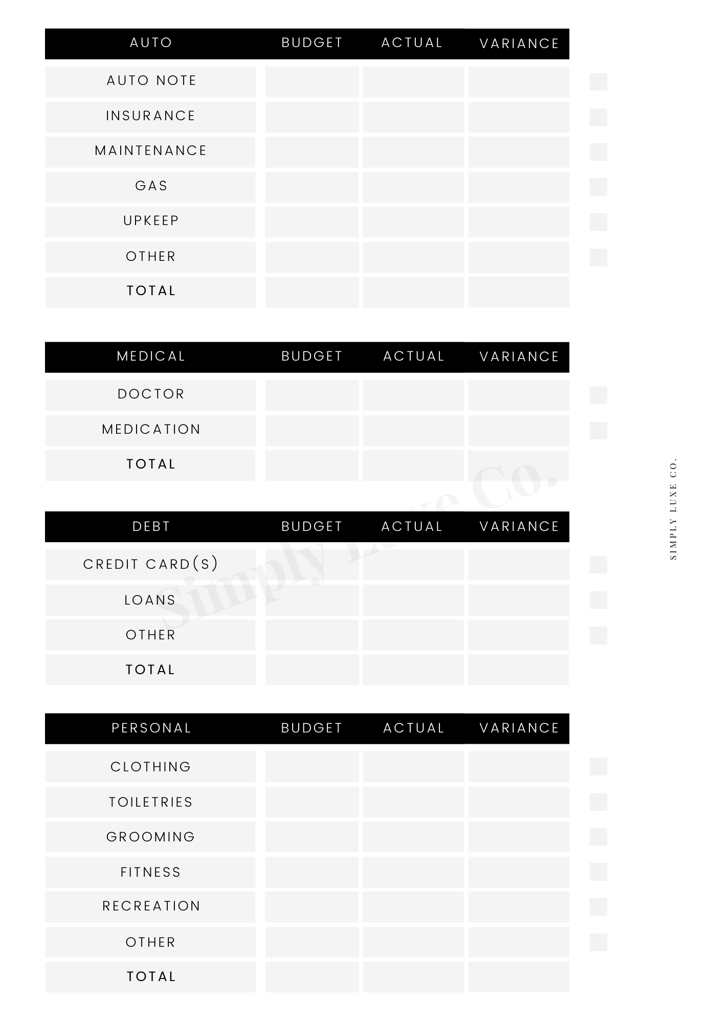 Monthly Budget Printable Insert