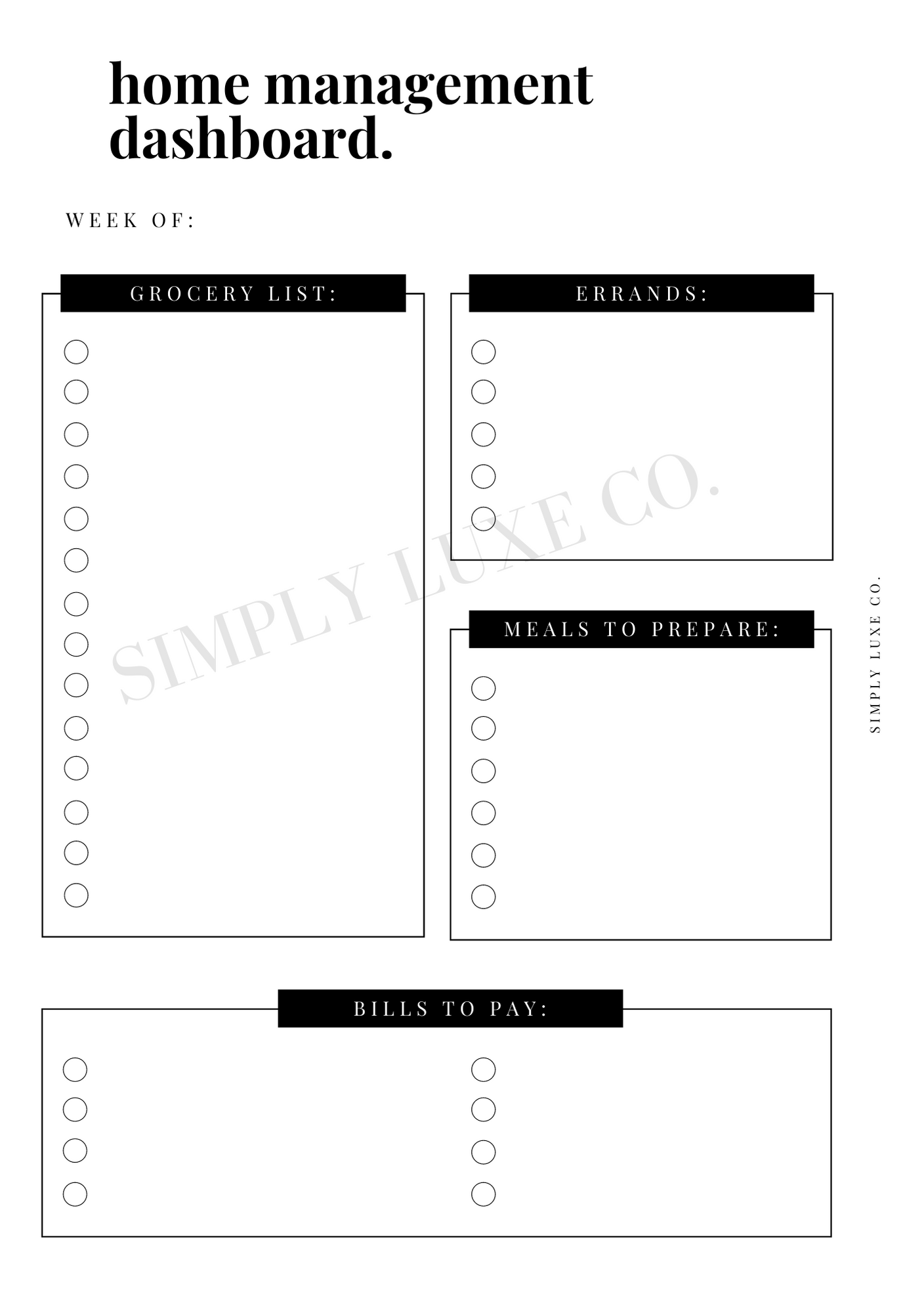 Home Management Dashboard Printable Inserts