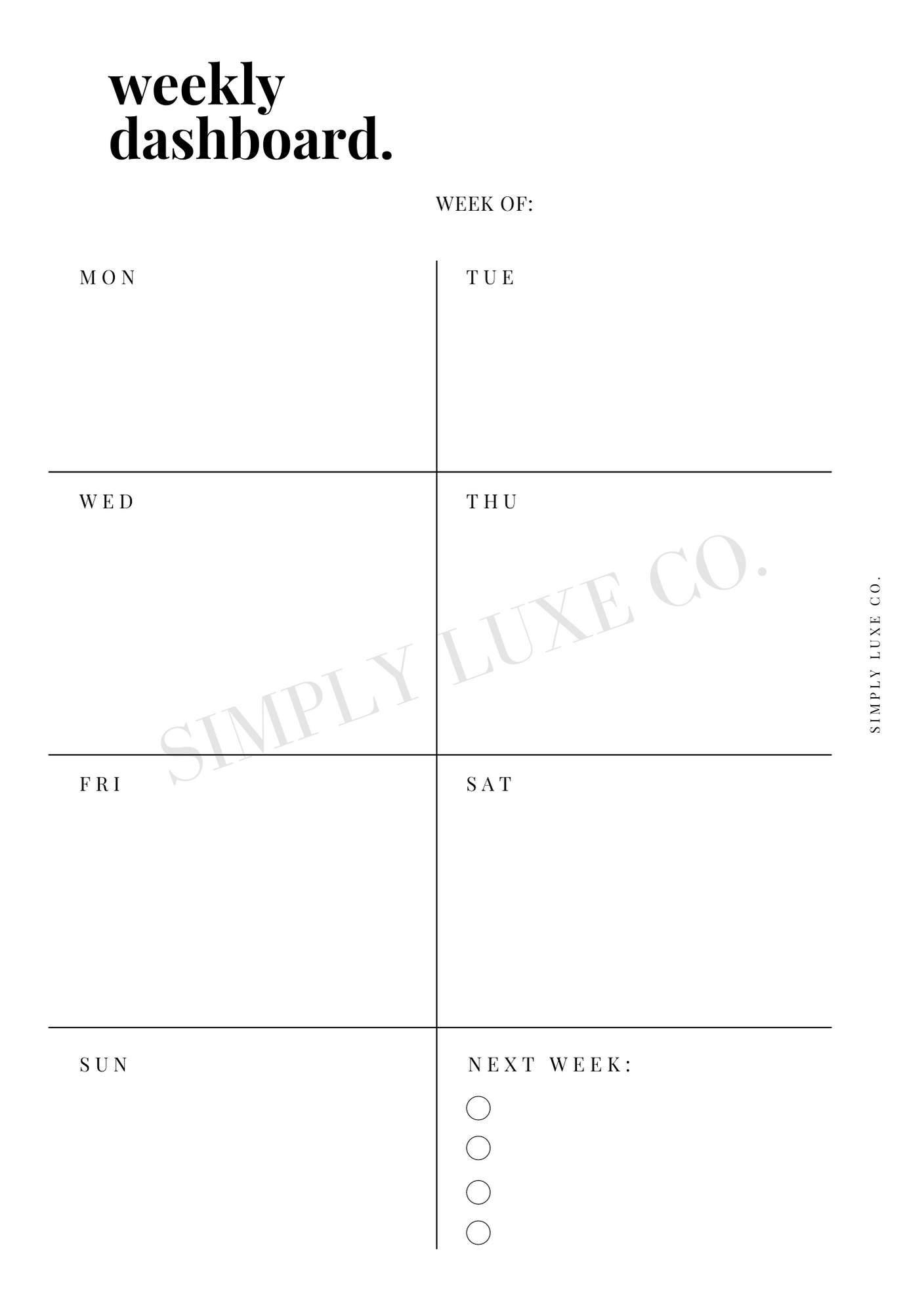 Weekly Dashboard Printable Inserts