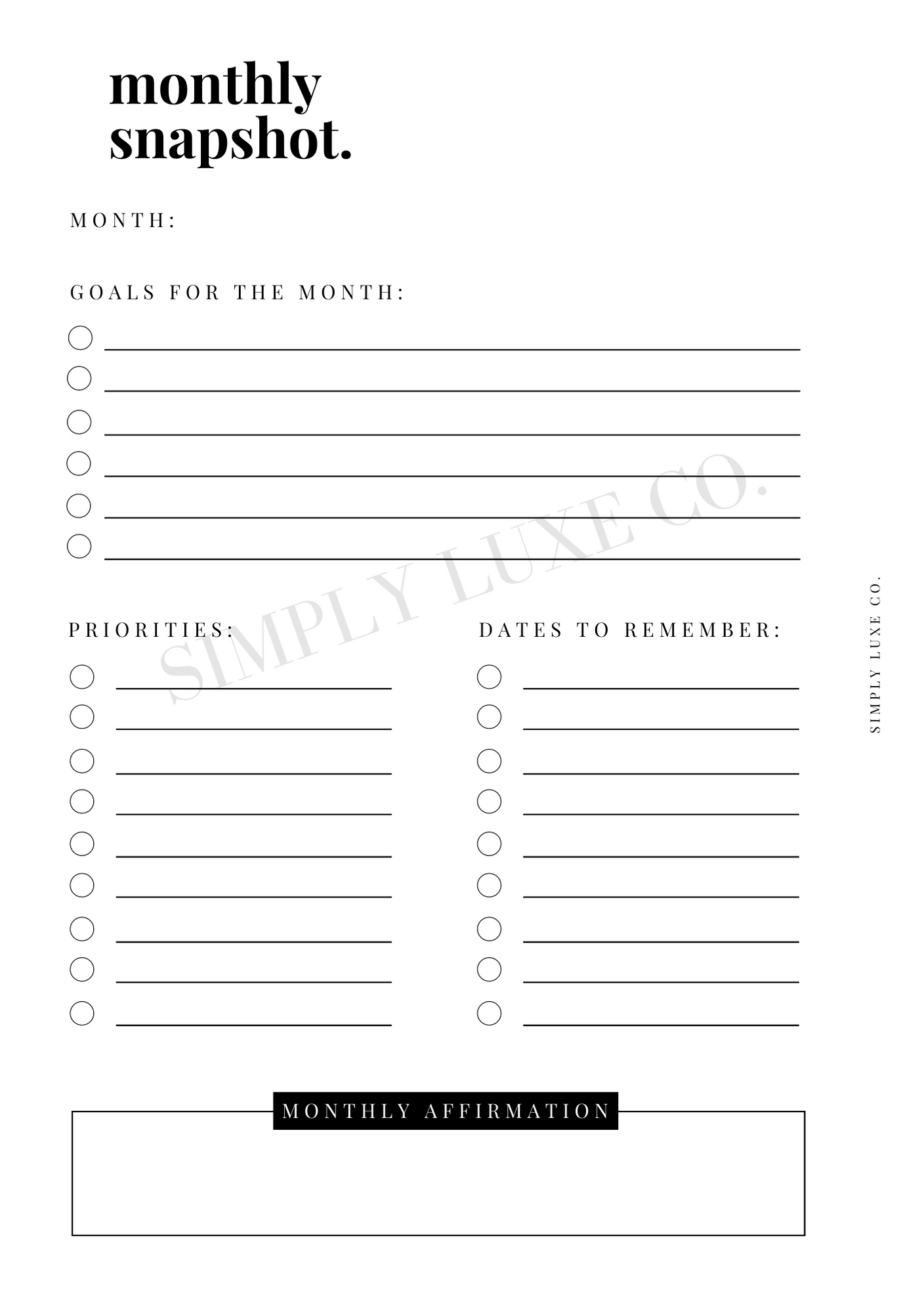 Monthly Snapshot Printable Inserts