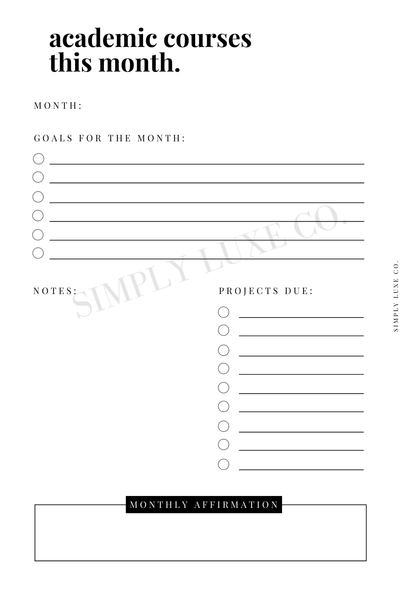 Monthly Academic Course Tracker Printable Inserts