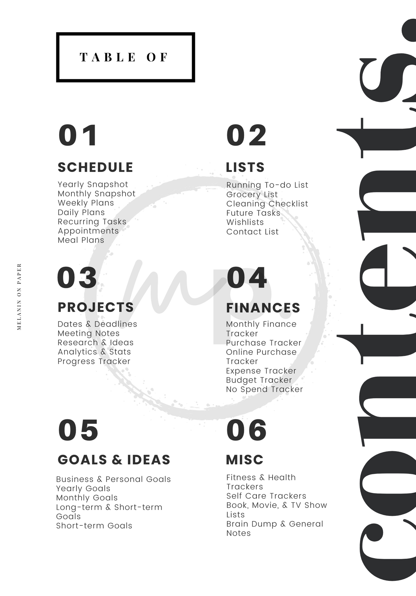 Minimal Table of Contents - v3 Printable Dashboard Insert