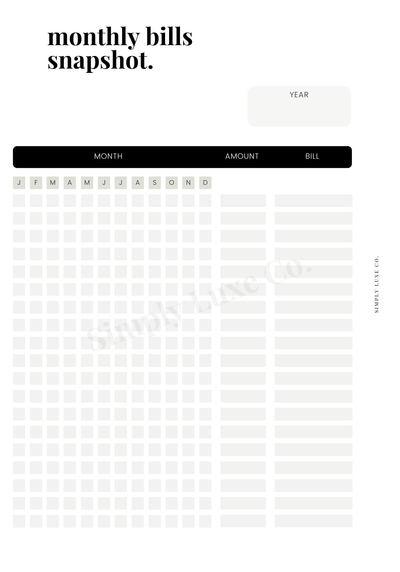 Monthly Bills Snapshot Printable Insert