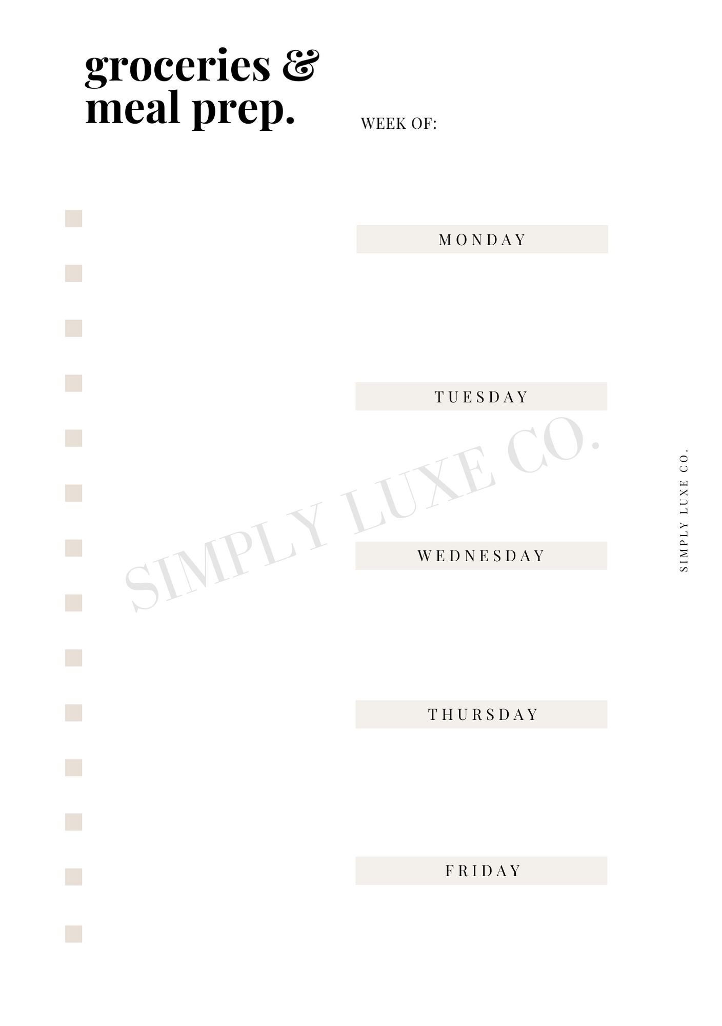 Groceries & Meal Prep Printable Inserts - Available in 2 colors