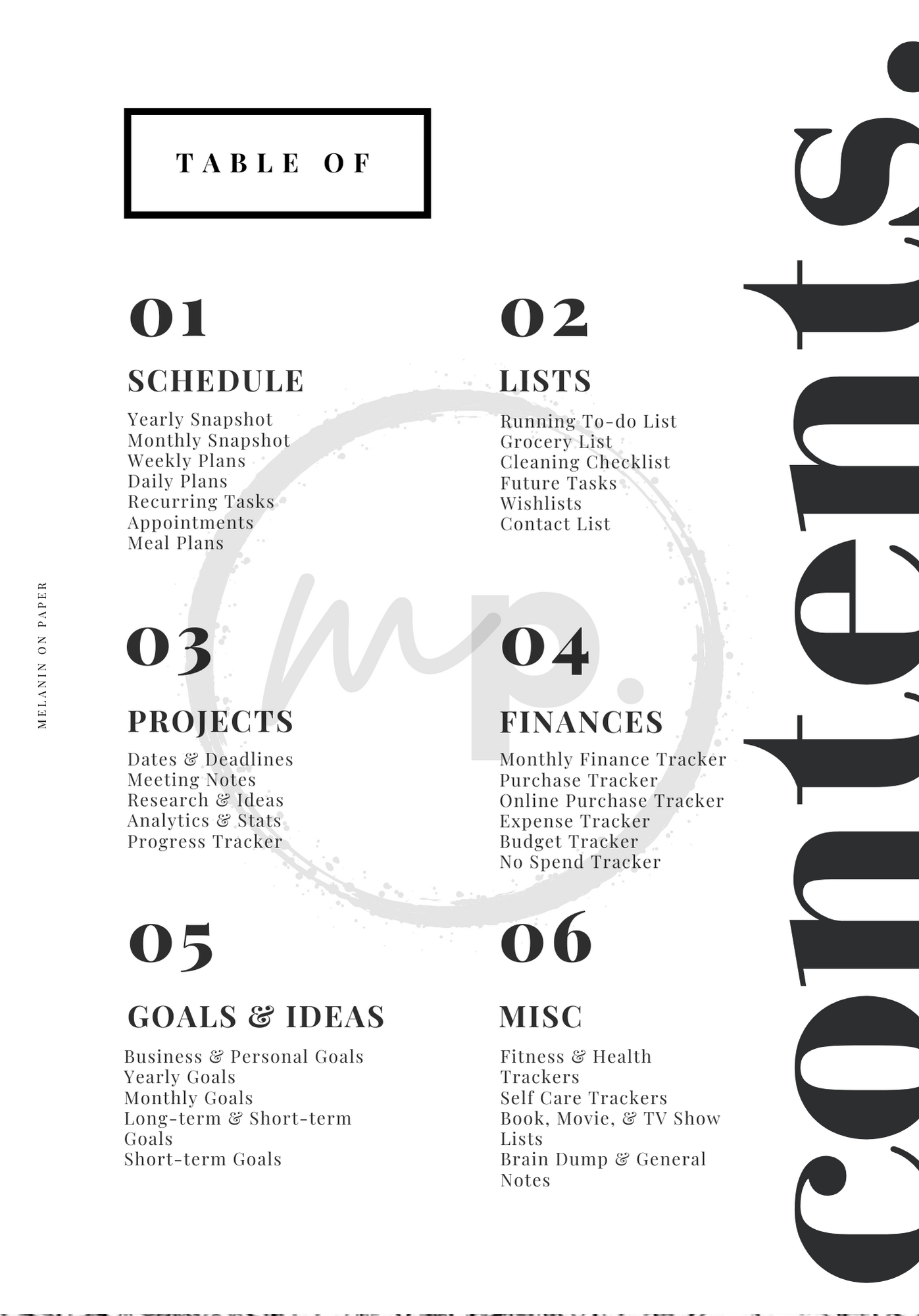 Minimal Table of Contents - v3 Printable Dashboard Insert