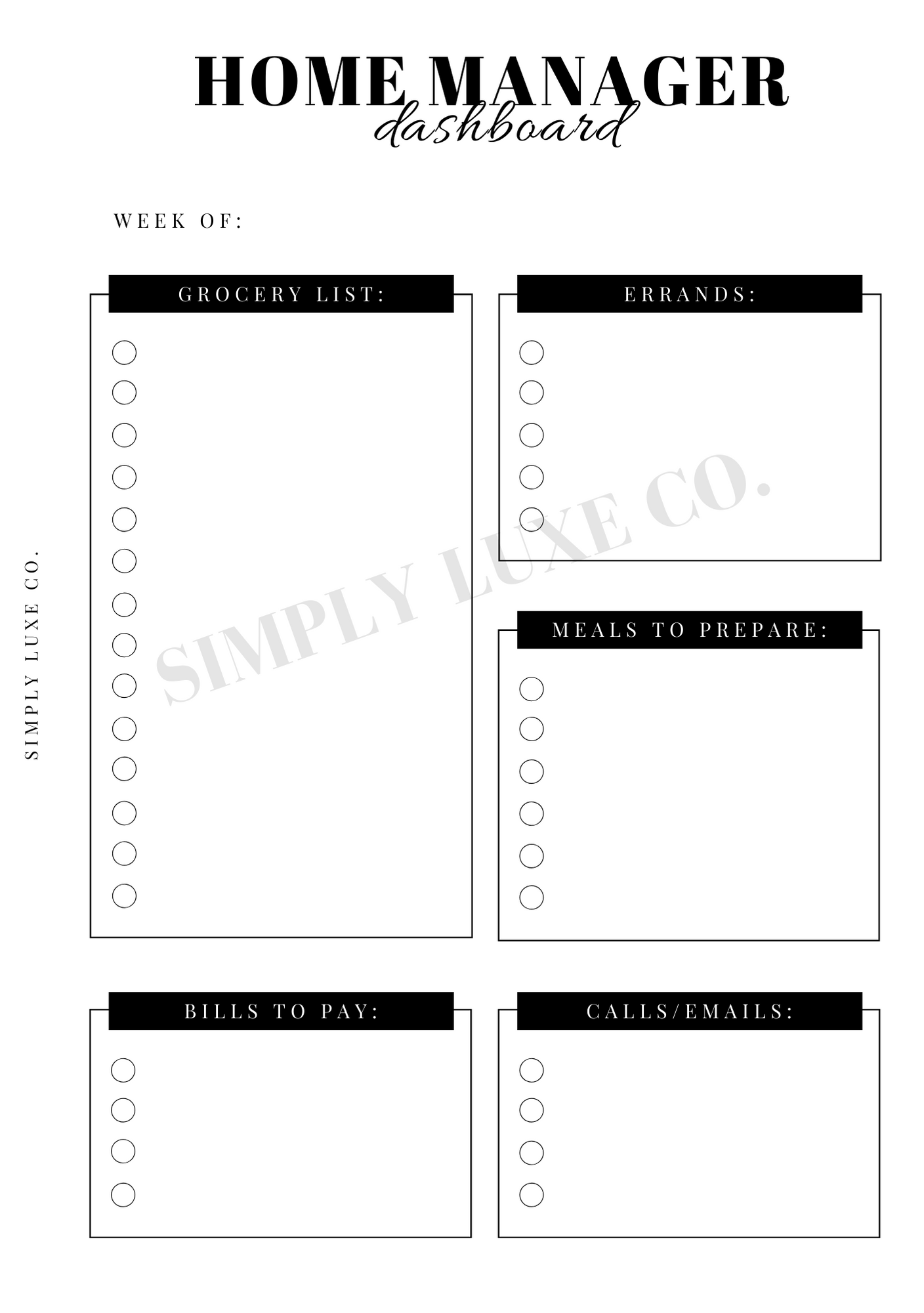 Home Manager Dashboard Printable