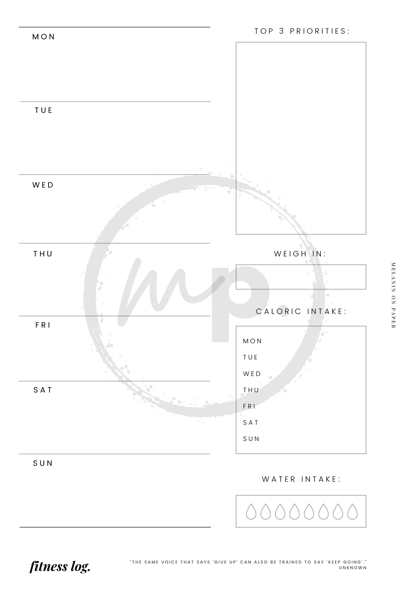 "fitness log" Printable Planner Insert