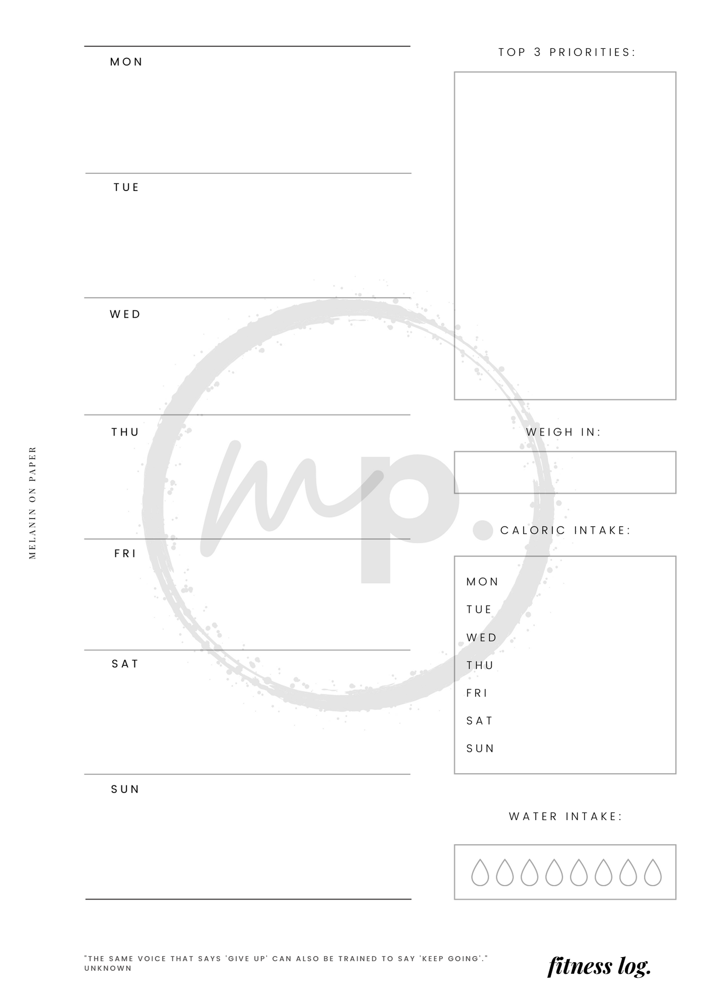 "fitness log" Printable Planner Insert