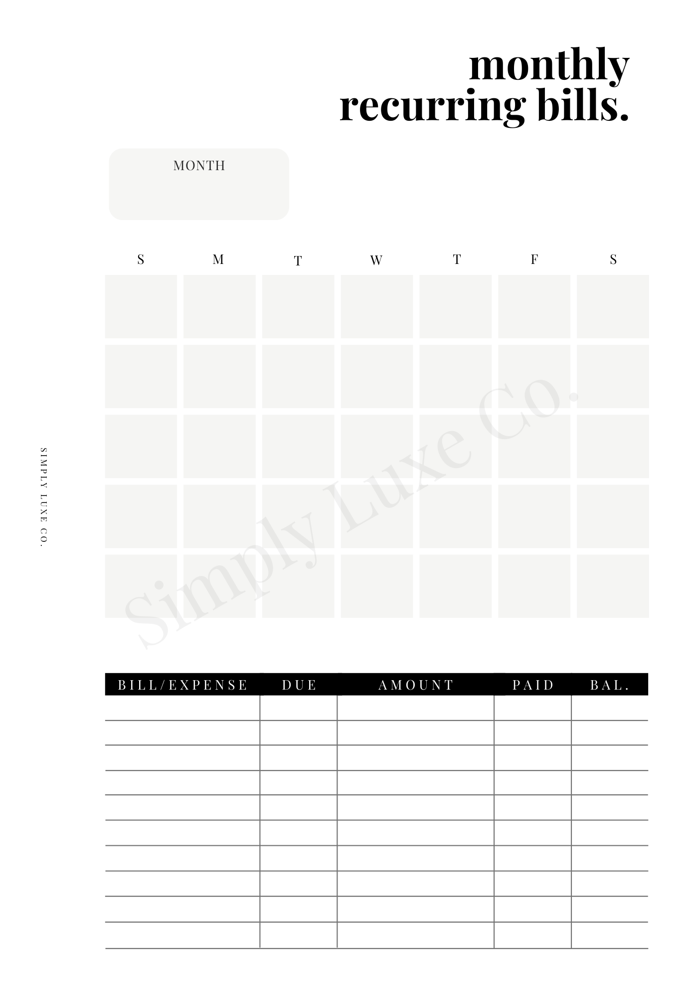Monthly Recurring Bills Printable Insert