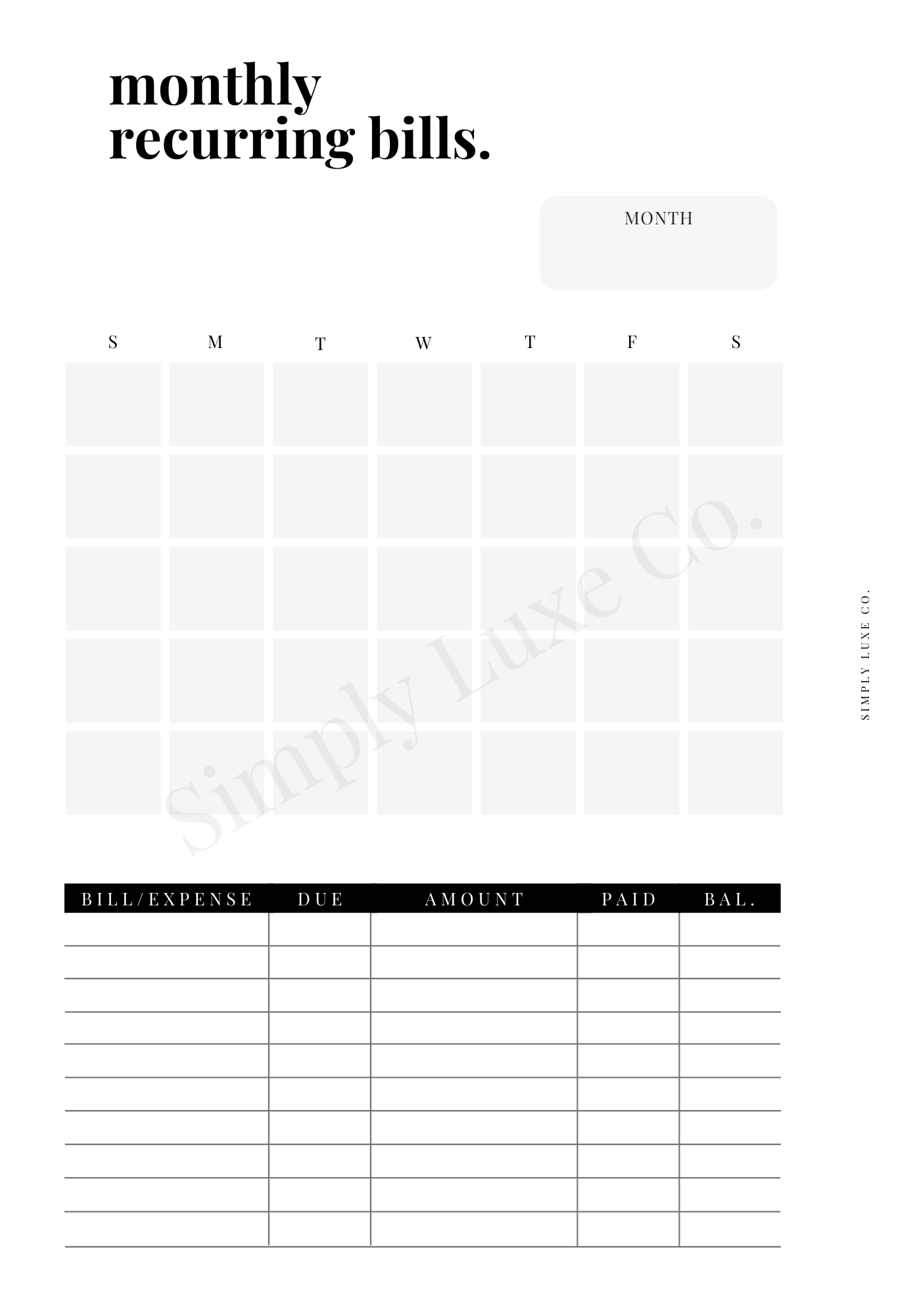 Monthly Recurring Bills Printable Insert