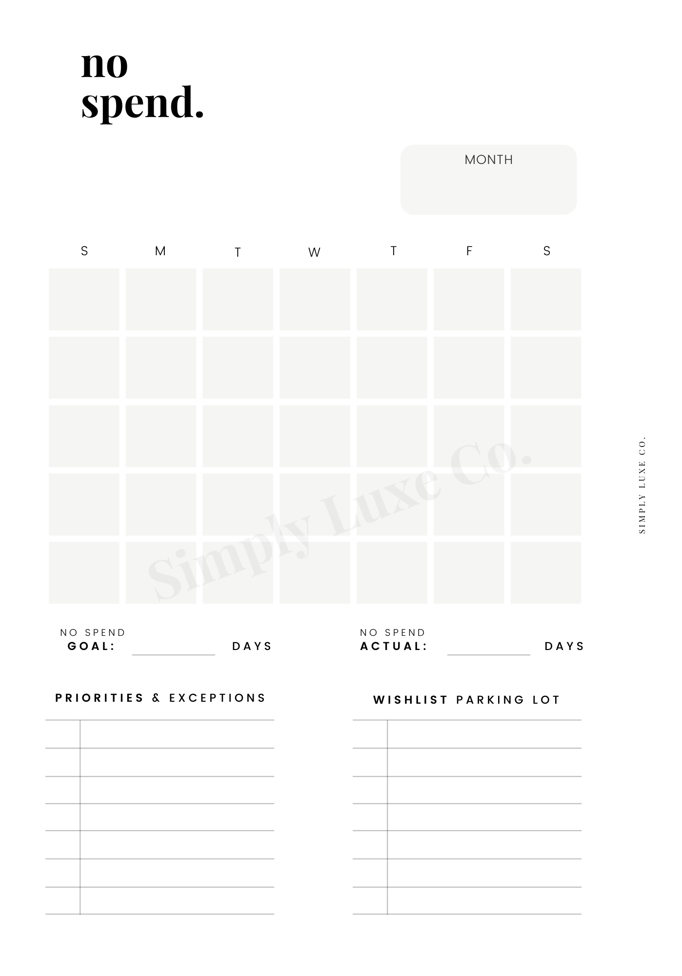 No Spend Printable Insert