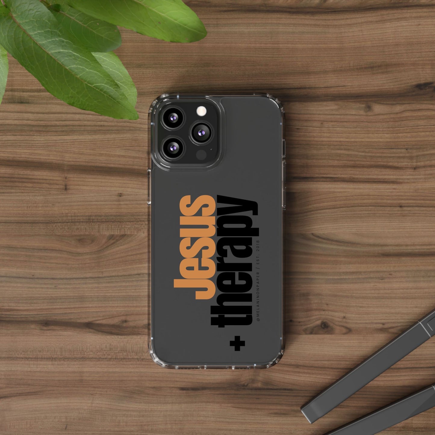 "Jesus + therapy" Clear Phone Cases - black & gold