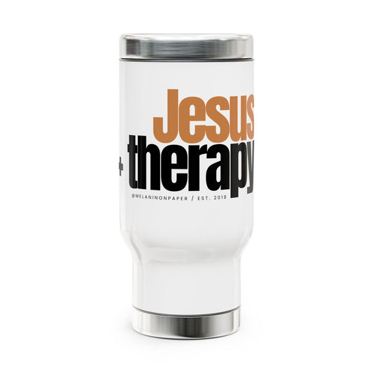 "Jesus + therapy" Stainless Steel Travel Mug with Handle, 14oz