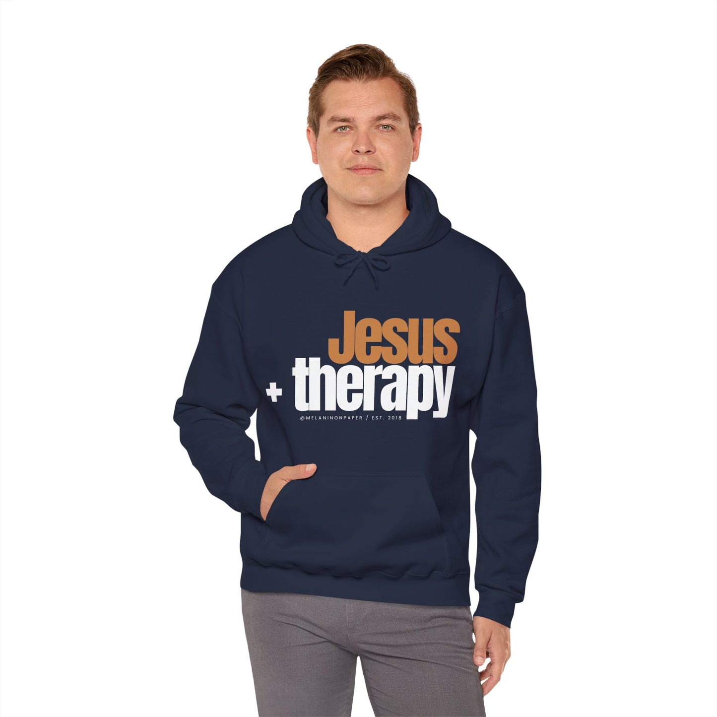 "Jesus + therapy" Unisex Heavy Blend™ Hooded Sweatshirt - Black, Chocolate, Navy Blue, Dark Gray, & Hunter Green Available