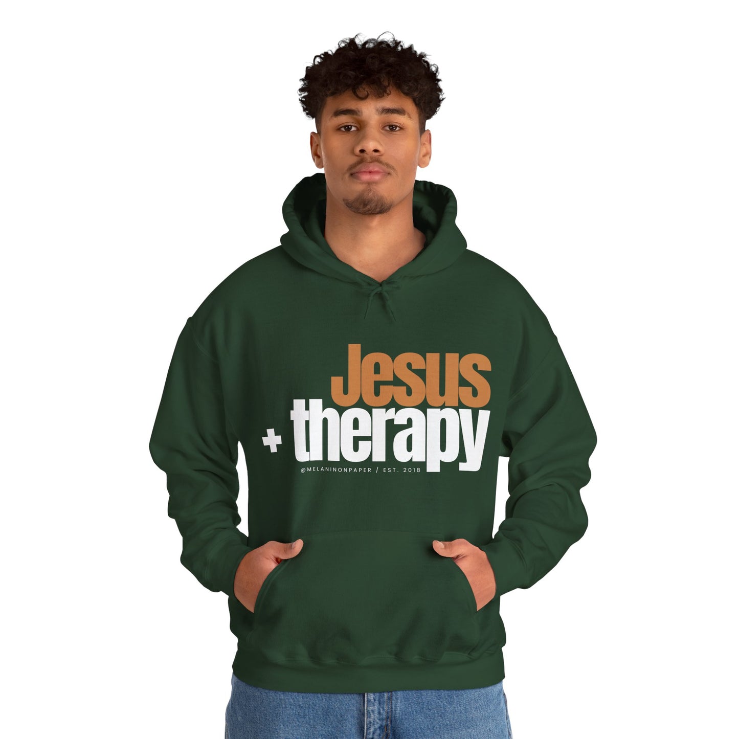 "Jesus + therapy" Unisex Heavy Blend™ Hooded Sweatshirt - Black, Chocolate, Navy Blue, Dark Gray, & Hunter Green Available