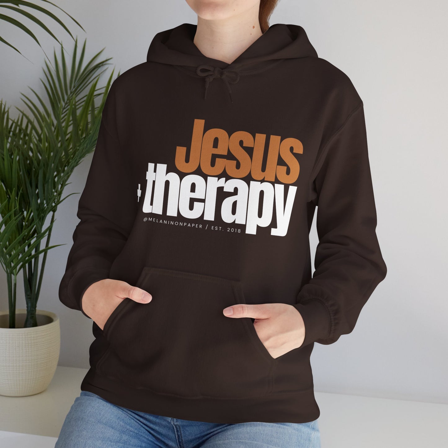 "Jesus + therapy" Unisex Heavy Blend™ Hooded Sweatshirt - Black, Chocolate, Navy Blue, Dark Gray, & Hunter Green Available
