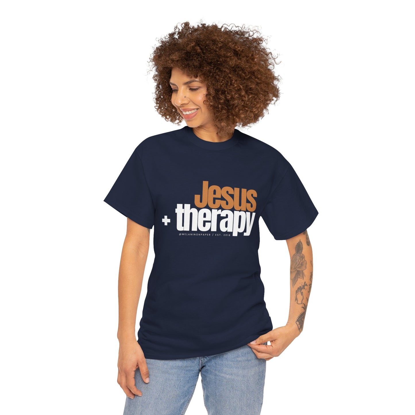"Jesus + therapy" Unisex Heavy Cotton Tee - Black, Graphite Heather Grey, Dark Heather Grey, & Navy