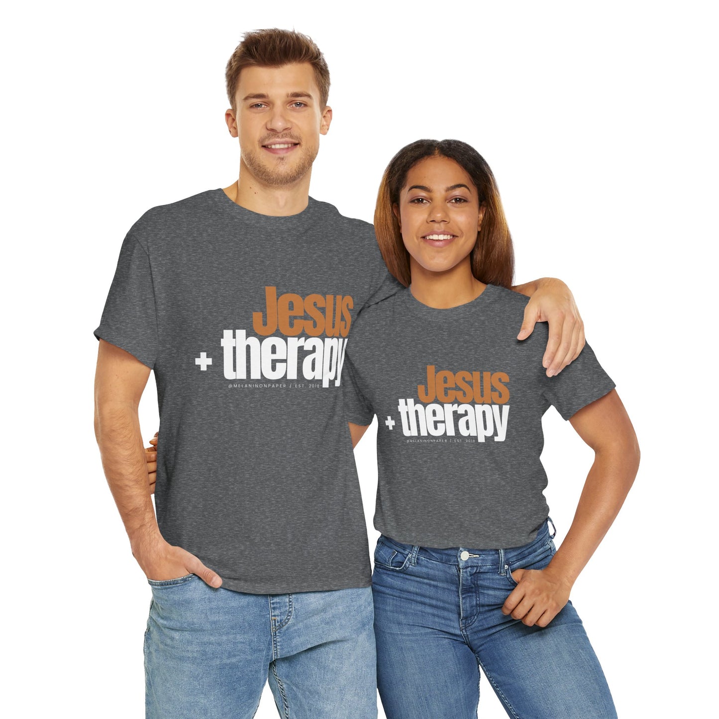 "Jesus + therapy" Unisex Heavy Cotton Tee - Black, Graphite Heather Grey, Dark Heather Grey, & Navy