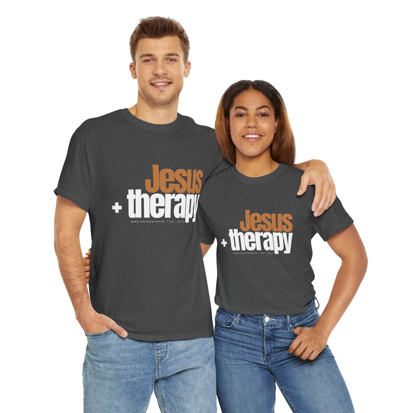 "Jesus + therapy" Unisex Heavy Cotton Tee - Black, Graphite Heather Grey, Dark Heather Grey, & Navy