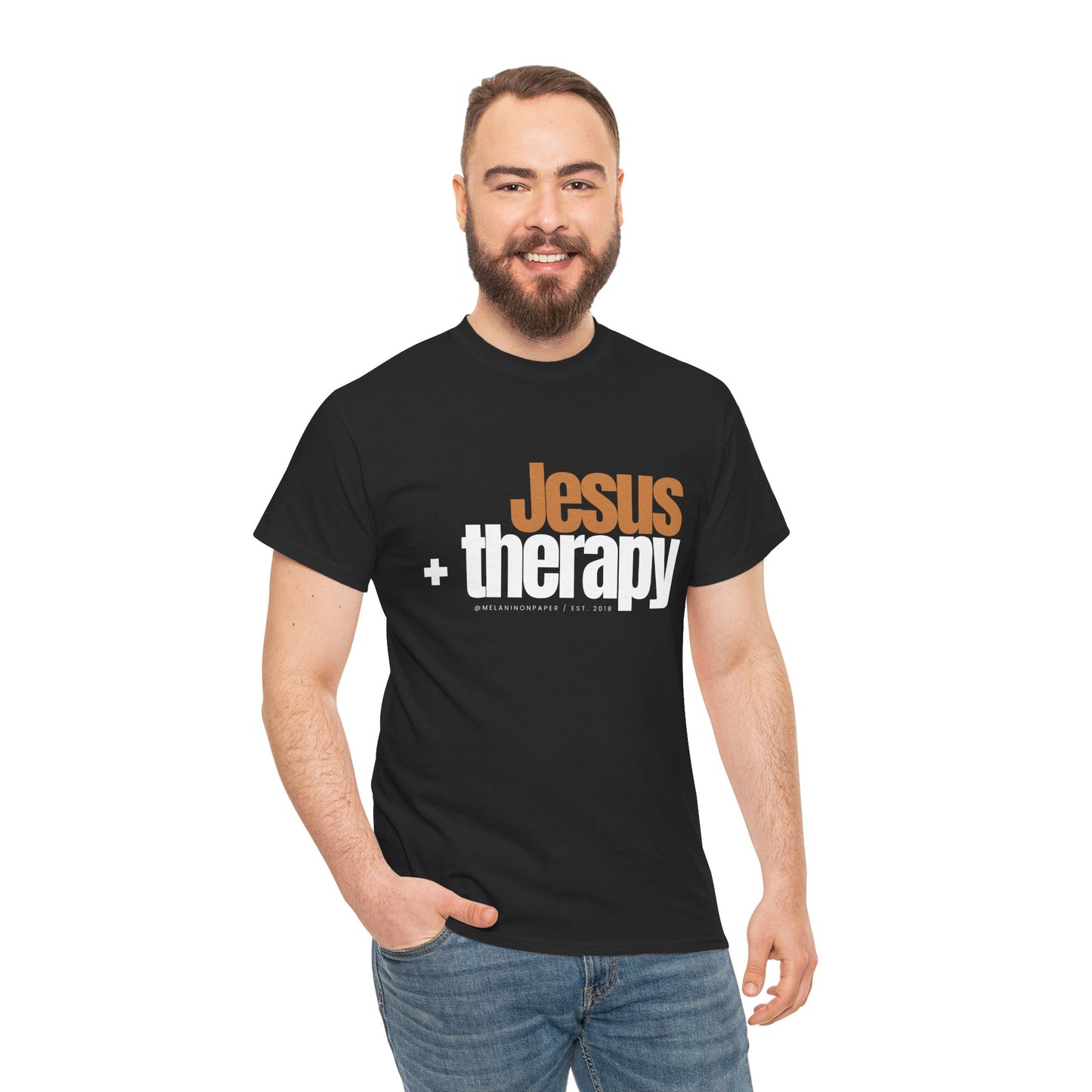 "Jesus + therapy" Unisex Heavy Cotton Tee - Black, Graphite Heather Grey, Dark Heather Grey, & Navy