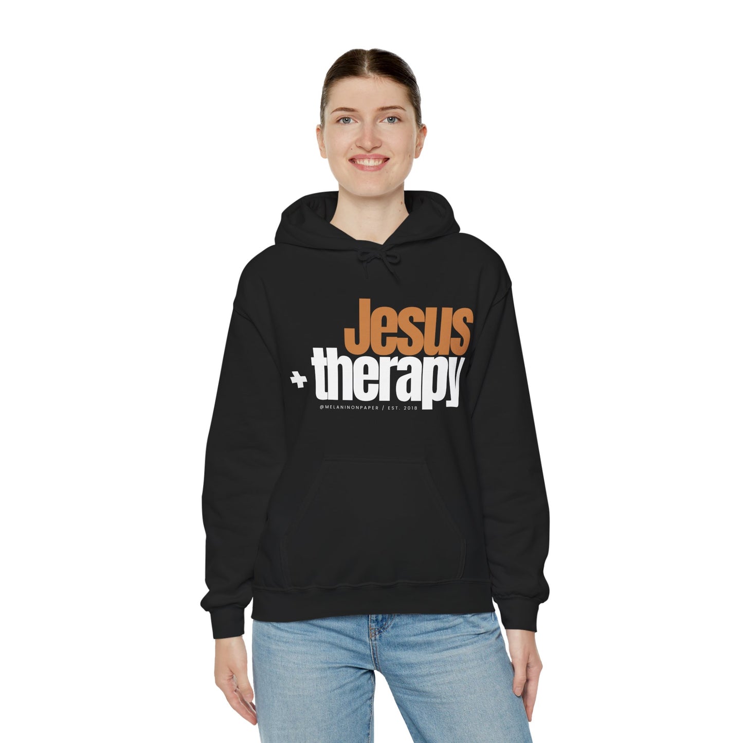 "Jesus + therapy" Unisex Heavy Blend™ Hooded Sweatshirt - Black, Chocolate, Navy Blue, Dark Gray, & Hunter Green Available