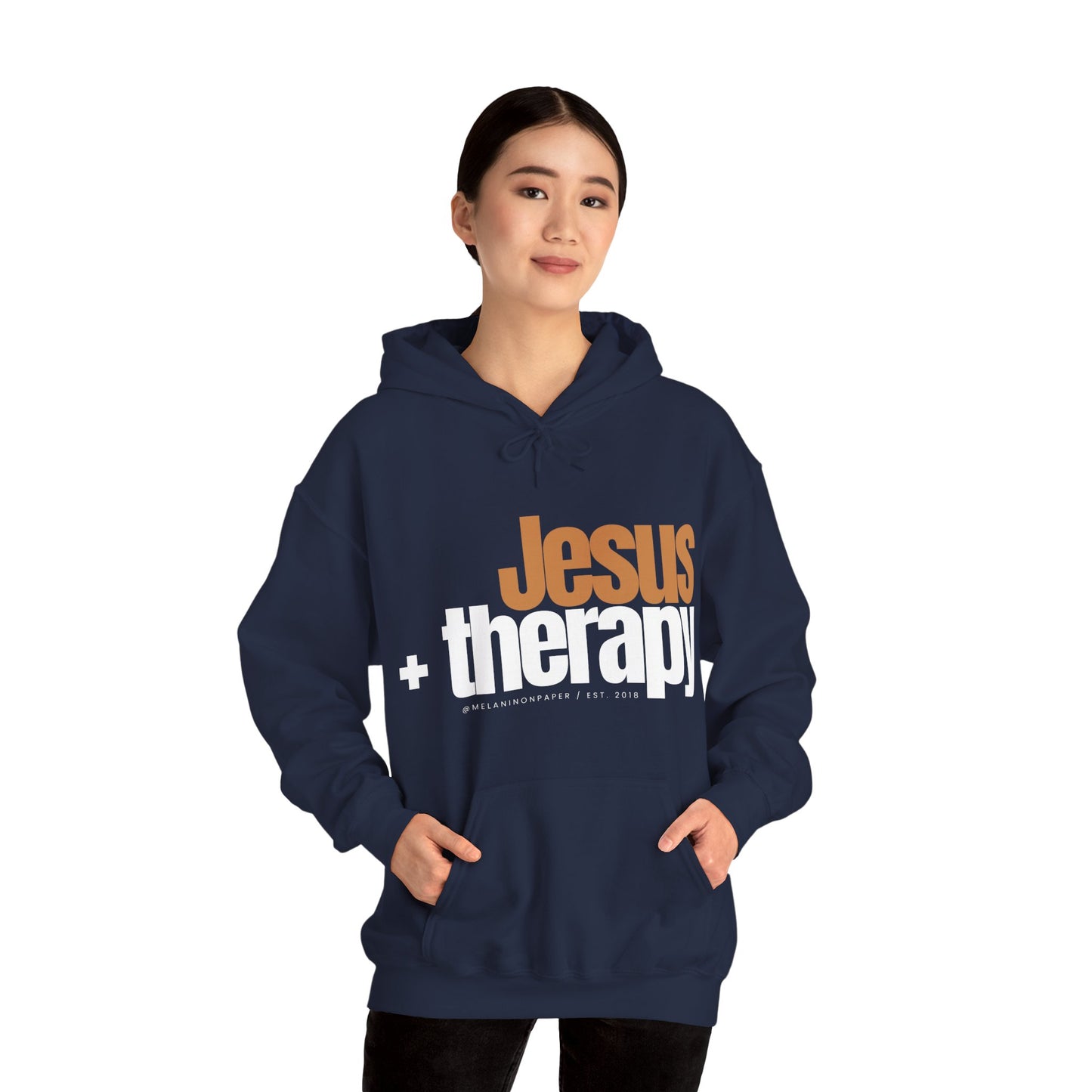 "Jesus + therapy" Unisex Heavy Blend™ Hooded Sweatshirt - Black, Chocolate, Navy Blue, Dark Gray, & Hunter Green Available