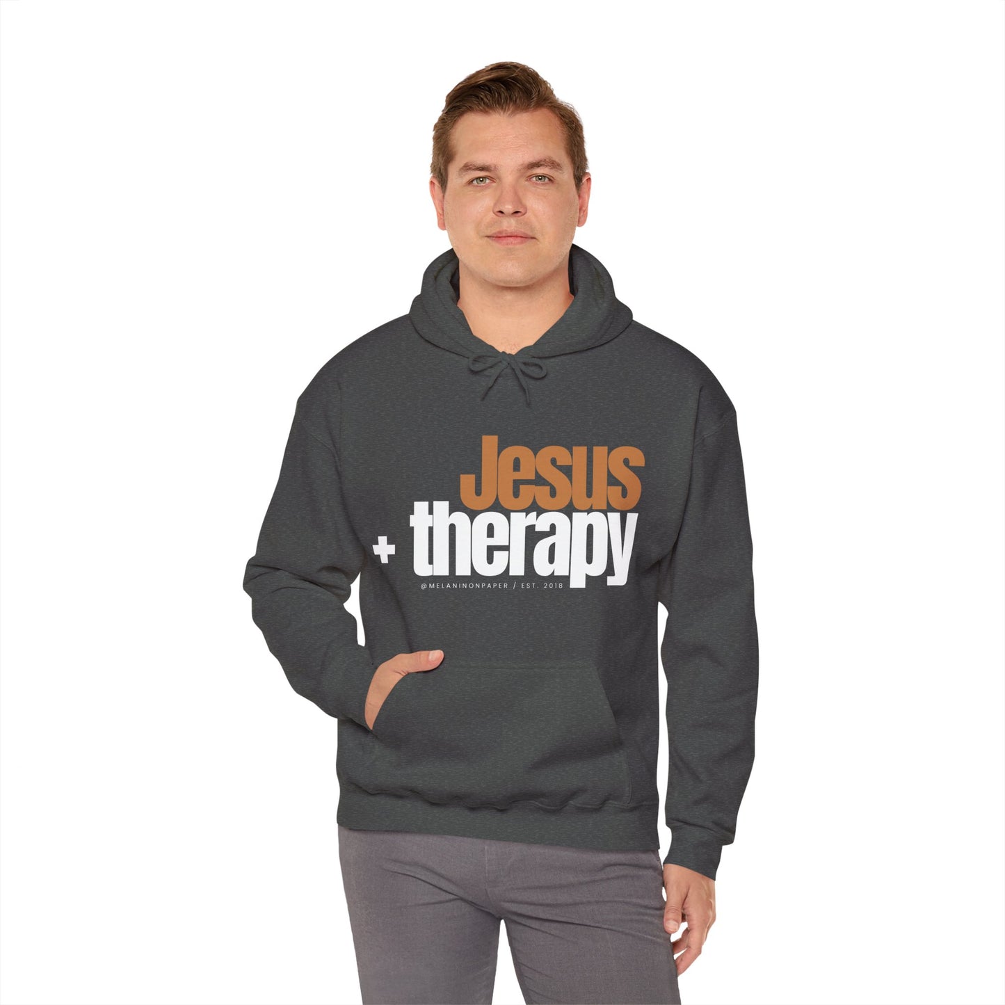 "Jesus + therapy" Unisex Heavy Blend™ Hooded Sweatshirt - Black, Chocolate, Navy Blue, Dark Gray, & Hunter Green Available
