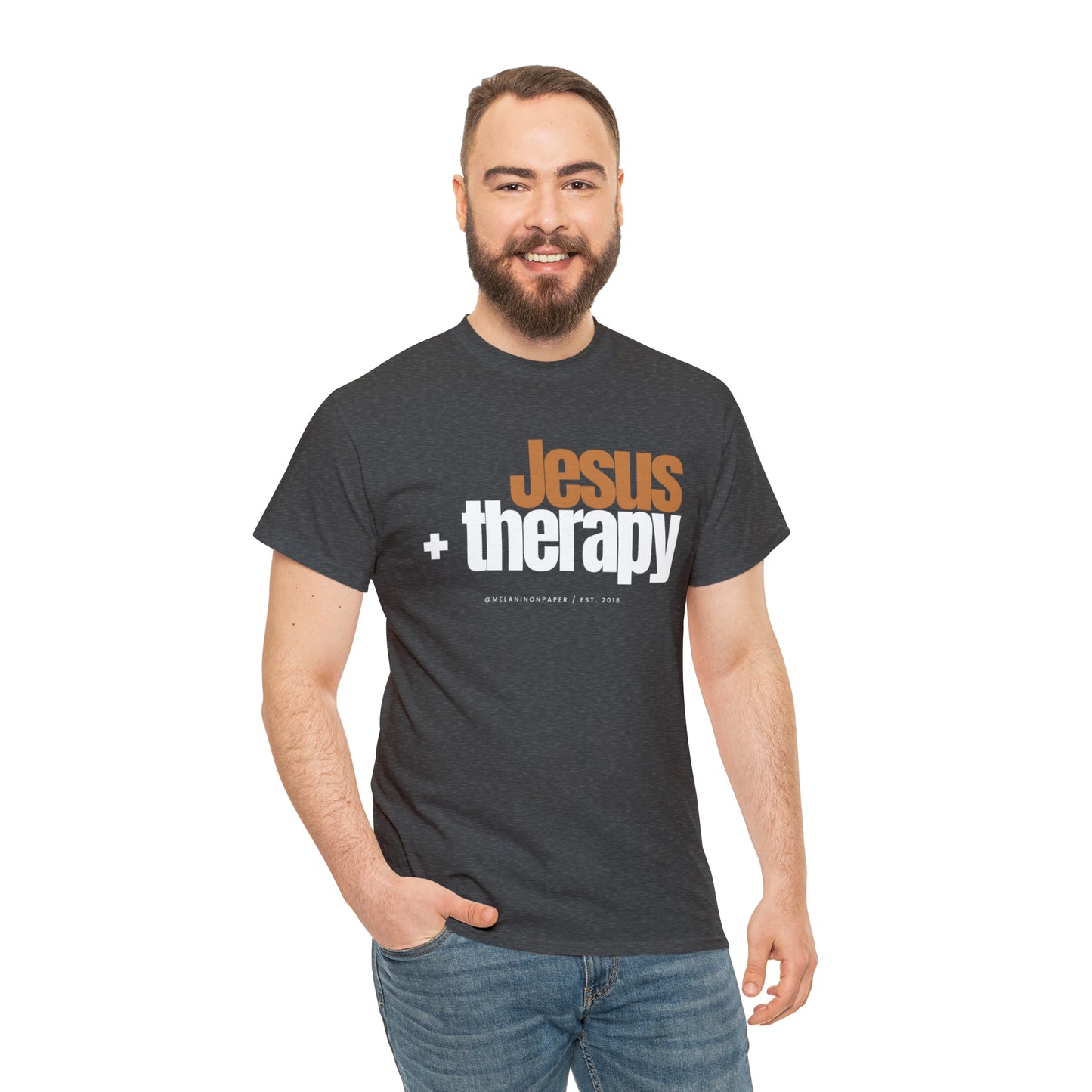 "Jesus + therapy" Unisex Heavy Cotton Tee - Black, Graphite Heather Grey, Dark Heather Grey, & Navy