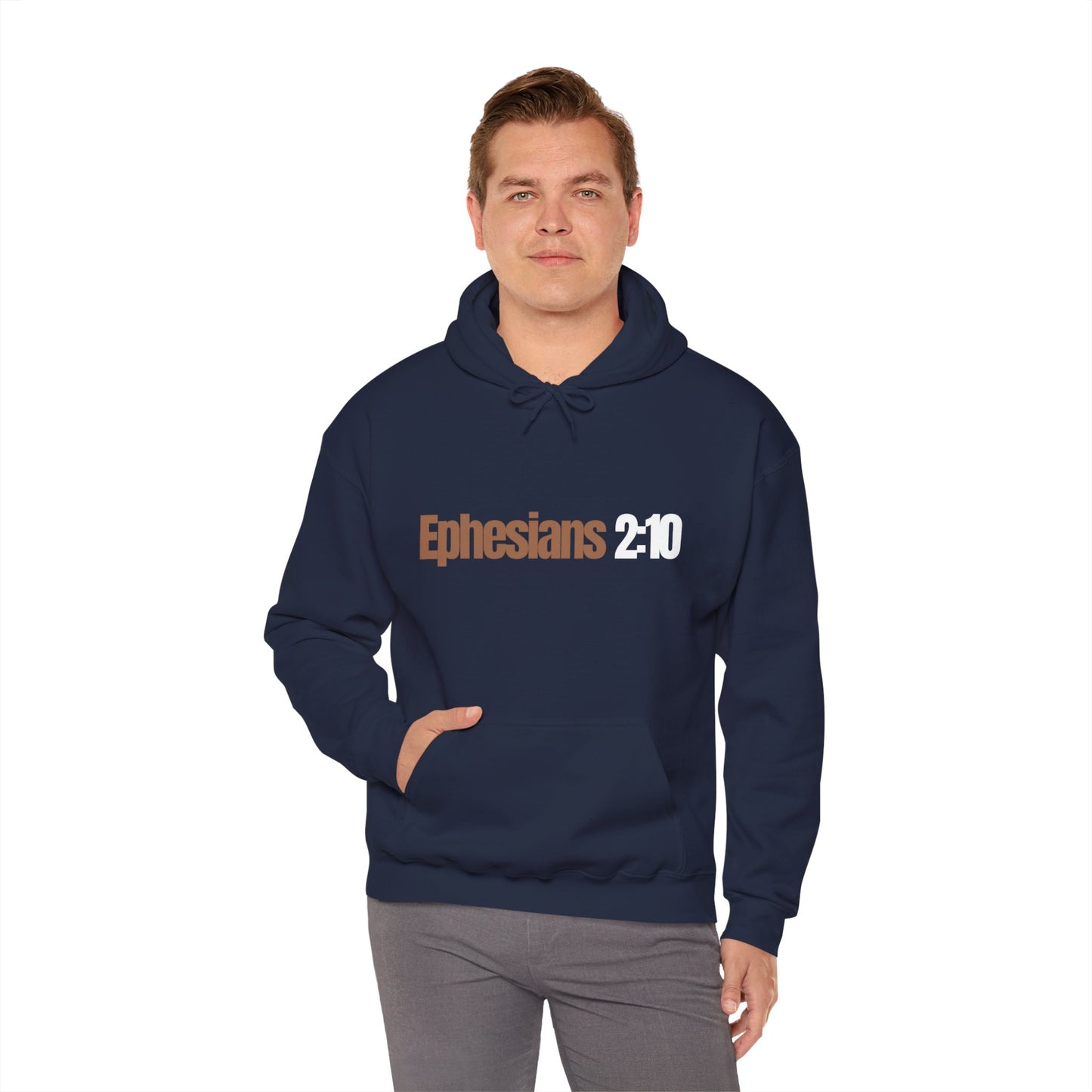 "Ephesians 2:10" Unisex Heavy Blend™ Hooded Sweatshirt - Black, Chocolate, Navy Blue, Gray, Dark Gray, & Hunter Green Available