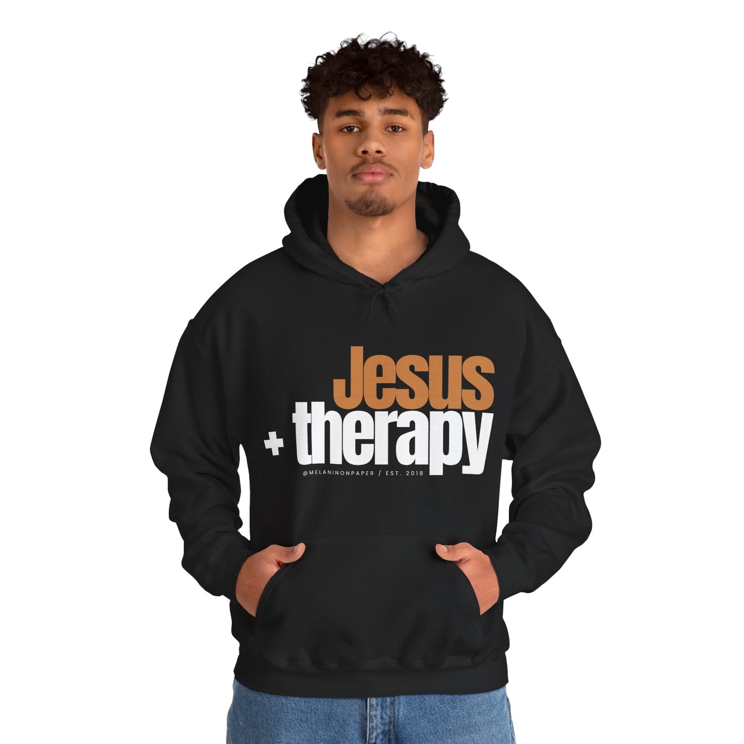 "Jesus + therapy" Unisex Heavy Blend™ Hooded Sweatshirt - Black, Chocolate, Navy Blue, Dark Gray, & Hunter Green Available