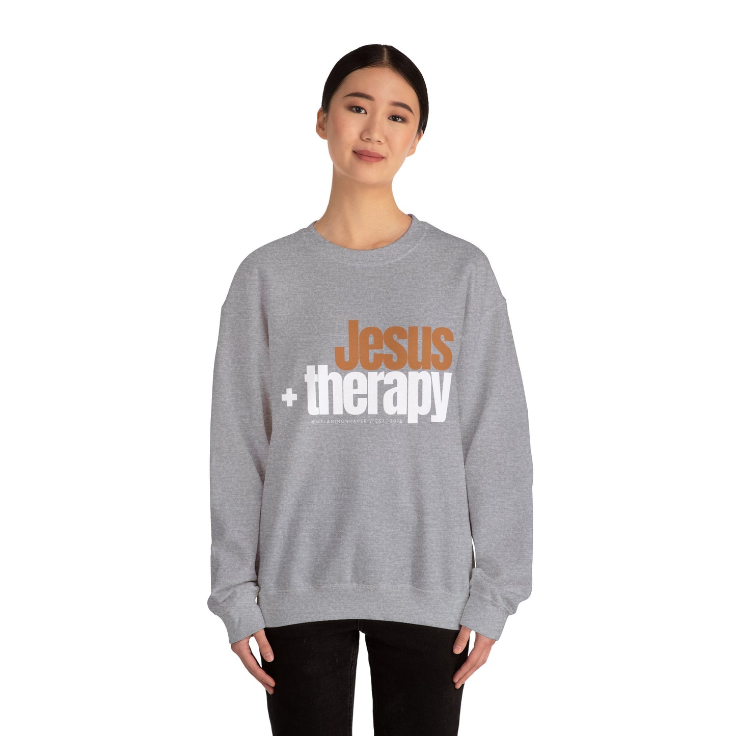 "Jesus + therapy" Unisex Heavy Blend™ Crewneck Sweatshirt - Black, Gray, & Navy Blue Available