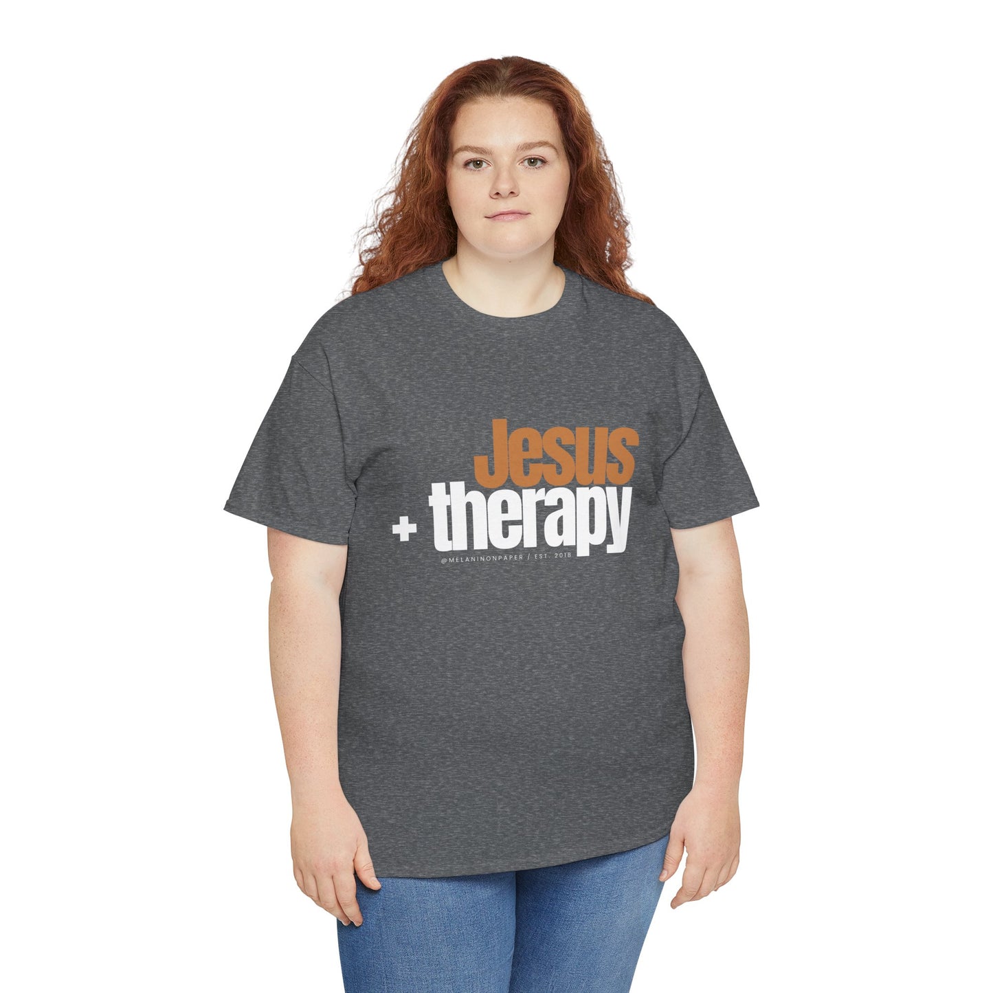 "Jesus + therapy" Unisex Heavy Cotton Tee - Black, Graphite Heather Grey, Dark Heather Grey, & Navy