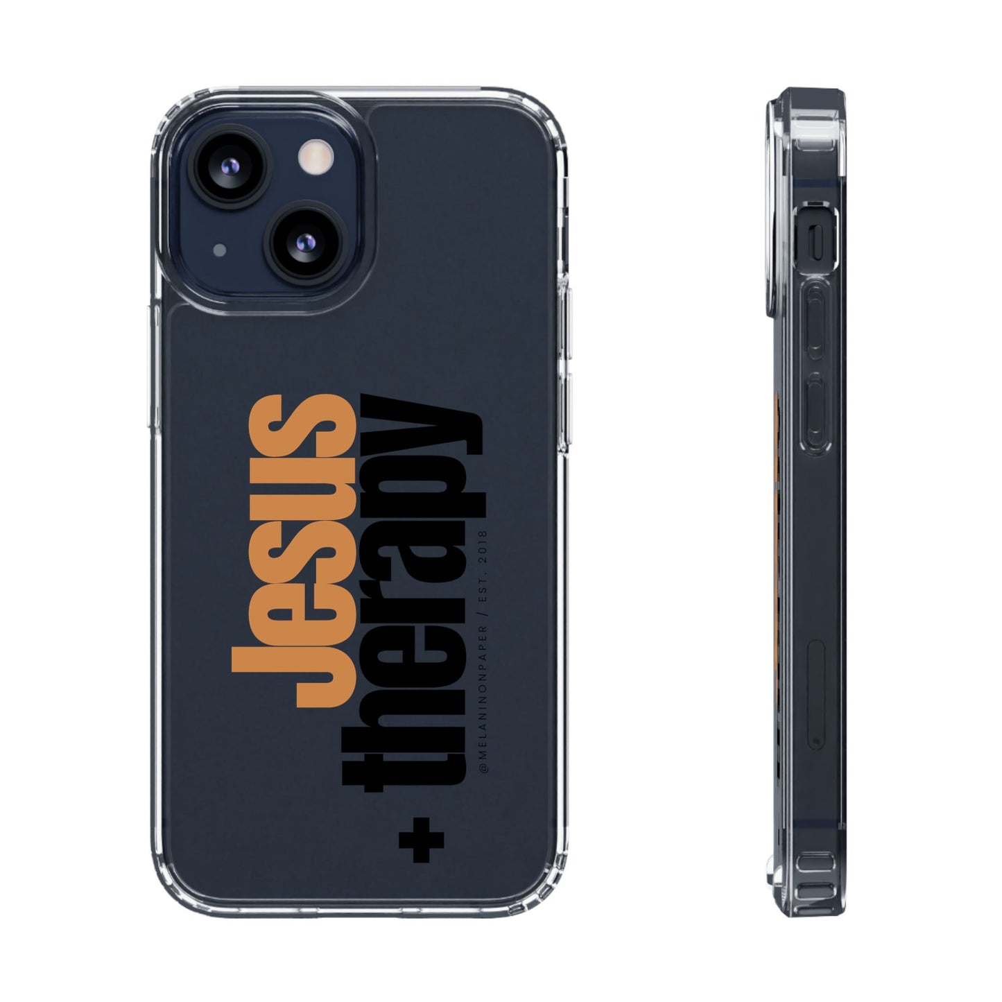 "Jesus + therapy" Clear Phone Cases - black & gold