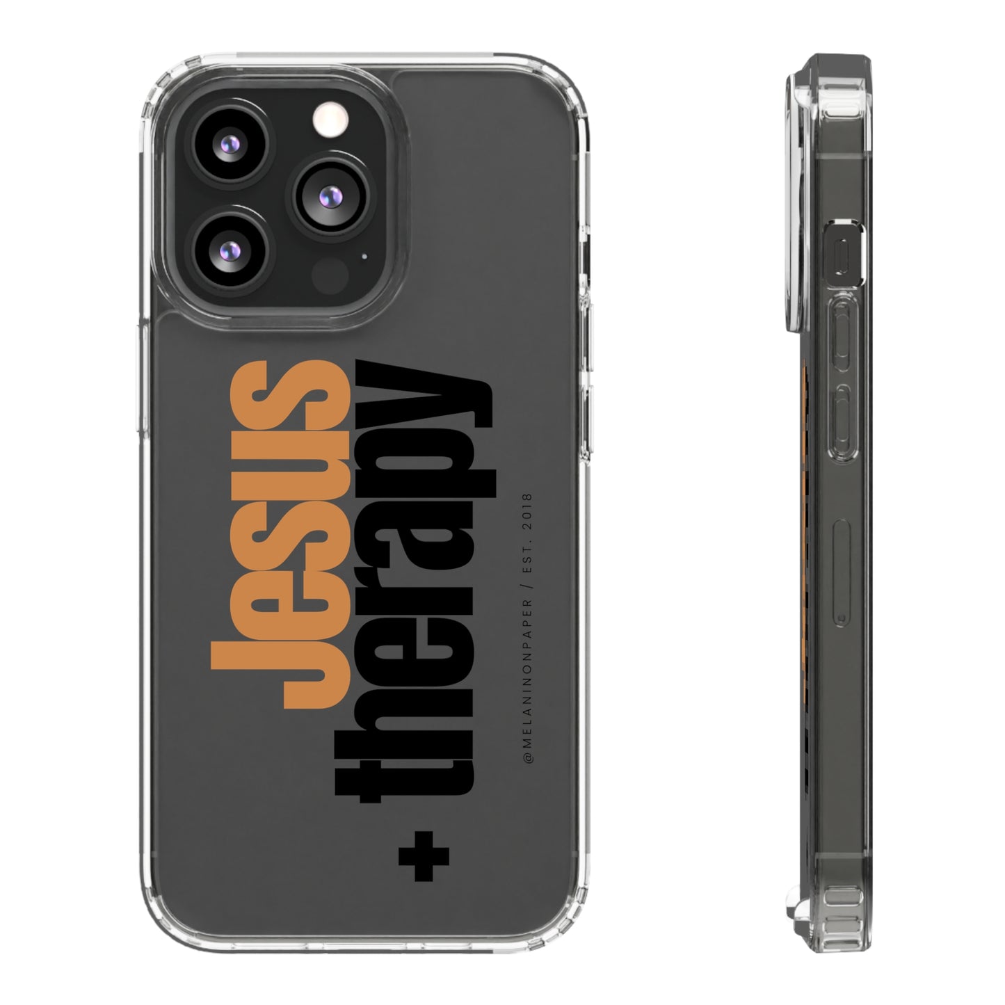 "Jesus + therapy" Clear Phone Cases - black & gold