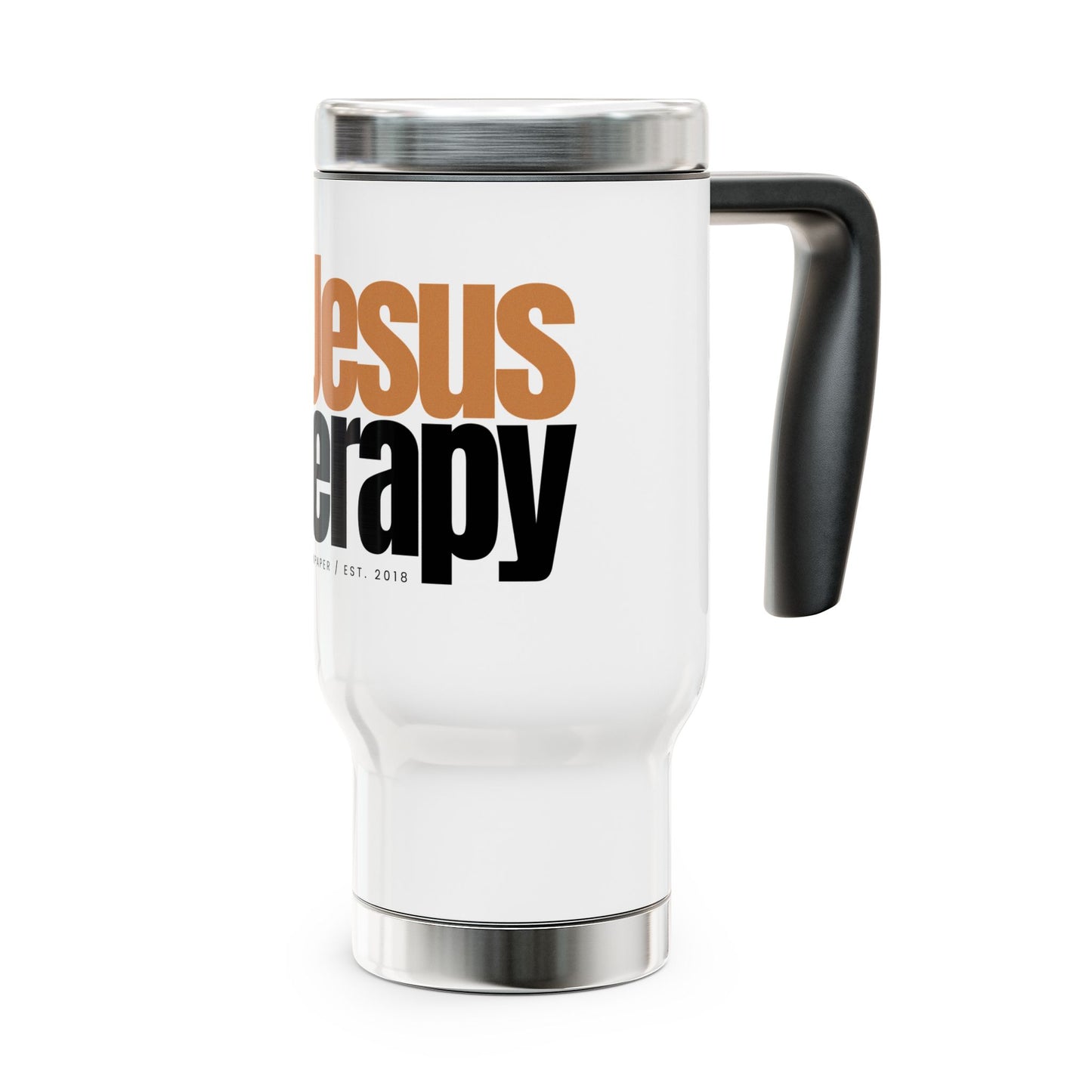 "Jesus + therapy" Stainless Steel Travel Mug with Handle, 14oz