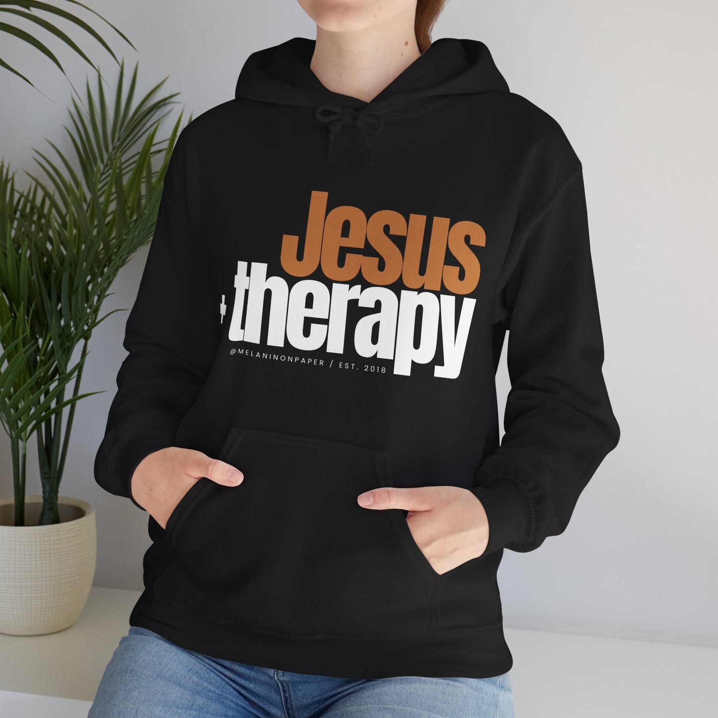"Jesus + therapy" Unisex Heavy Blend™ Hooded Sweatshirt - Black, Chocolate, Navy Blue, Dark Gray, & Hunter Green Available