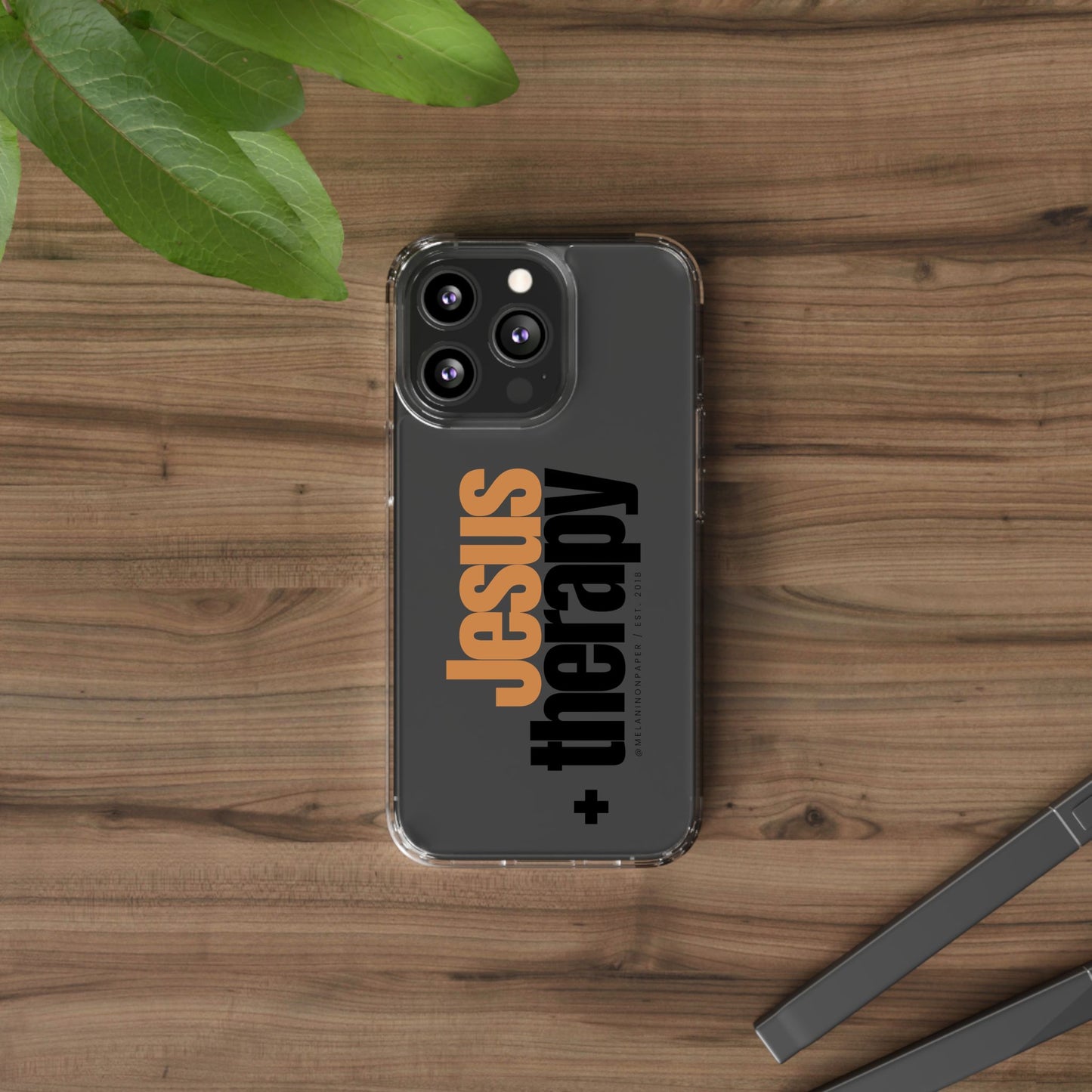 "Jesus + therapy" Clear Phone Cases - black & gold