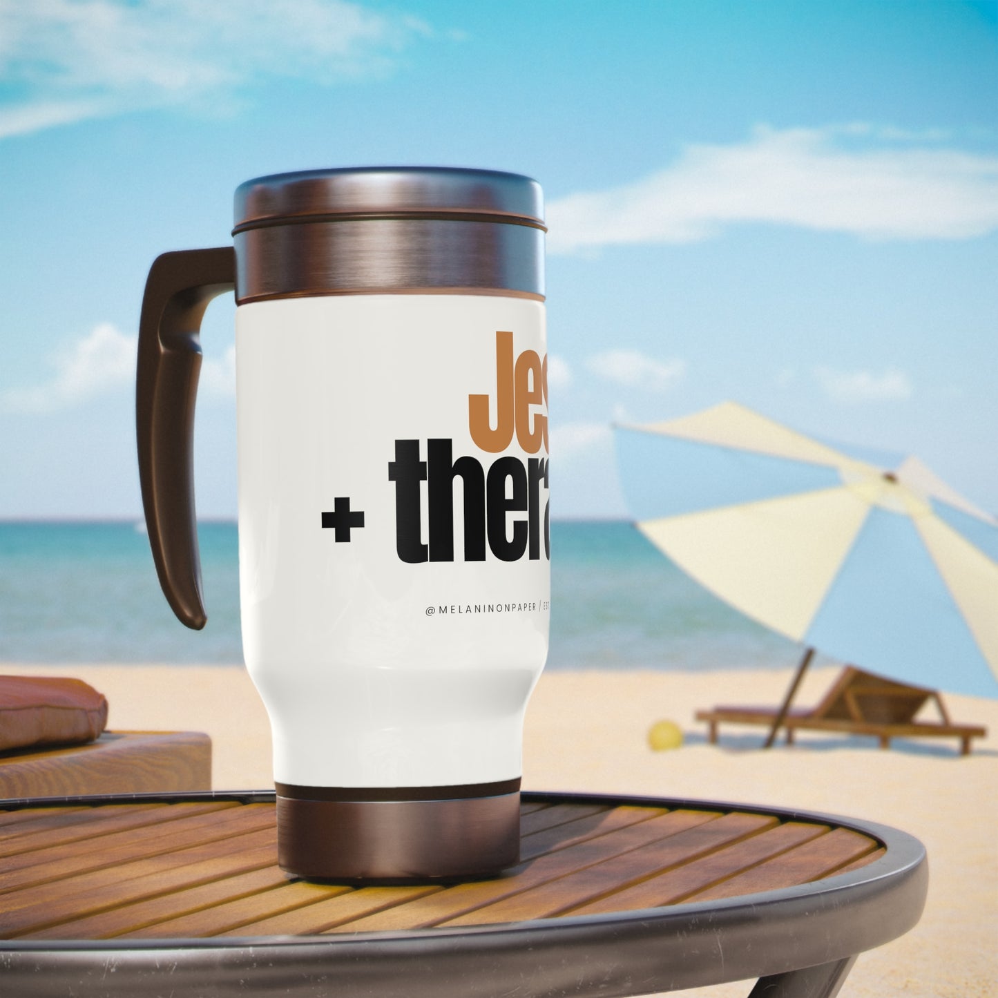 "Jesus + therapy" Stainless Steel Travel Mug with Handle, 14oz