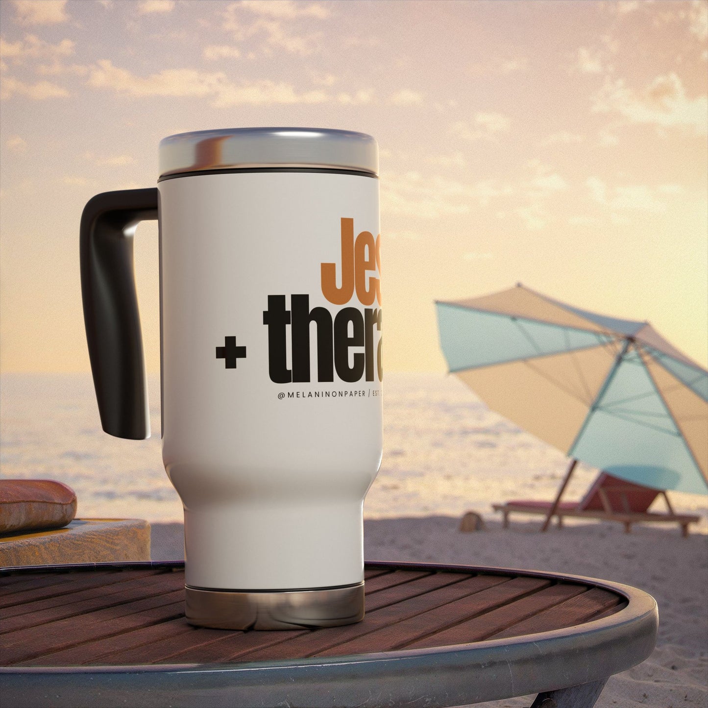 "Jesus + therapy" Stainless Steel Travel Mug with Handle, 14oz