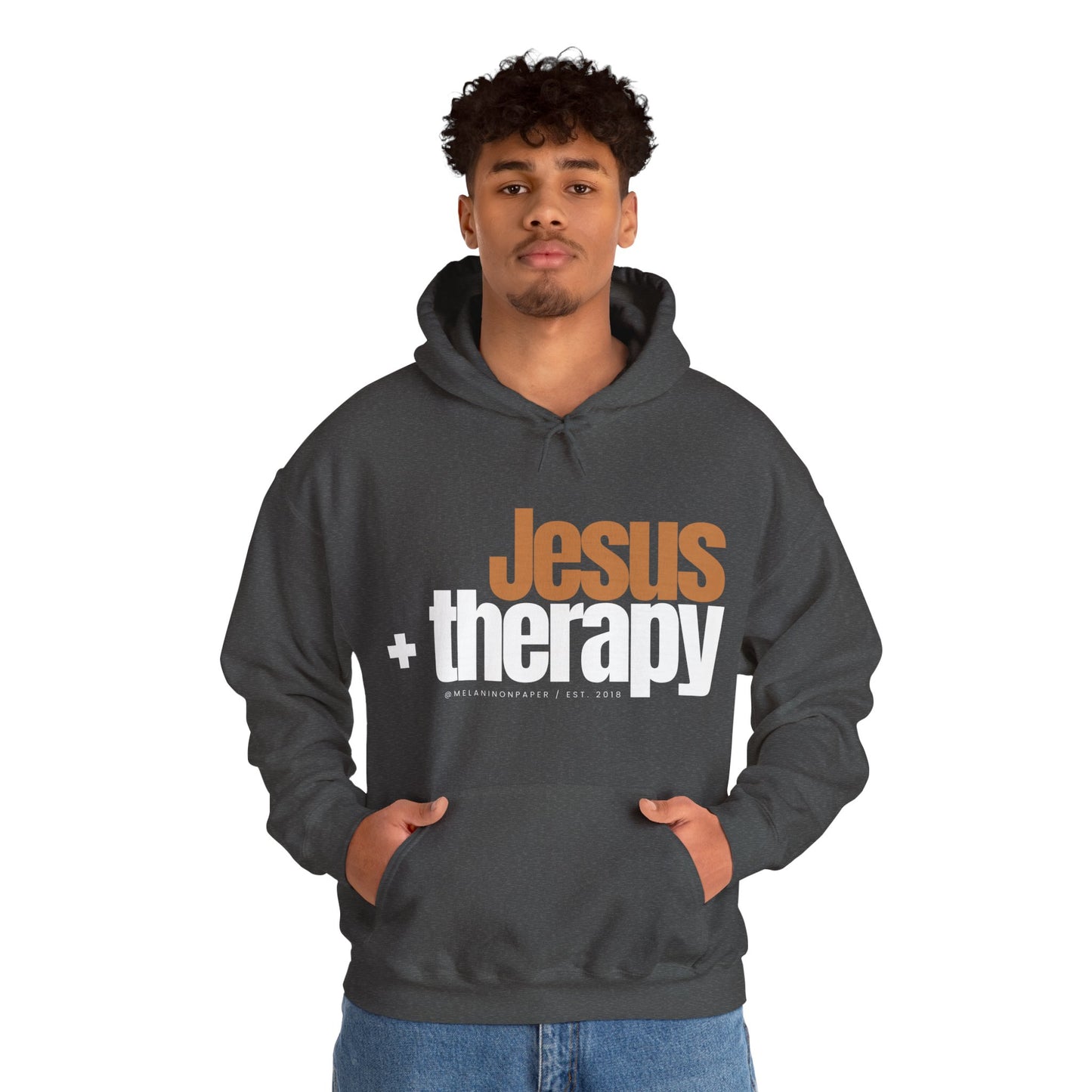 "Jesus + therapy" Unisex Heavy Blend™ Hooded Sweatshirt - Black, Chocolate, Navy Blue, Dark Gray, & Hunter Green Available