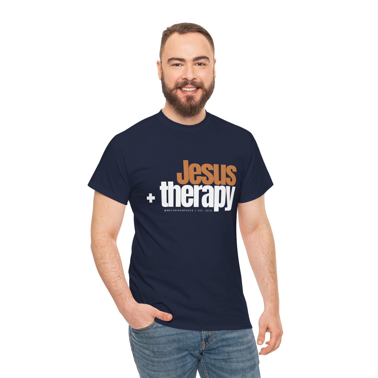 "Jesus + therapy" Unisex Heavy Cotton Tee - Black, Graphite Heather Grey, Dark Heather Grey, & Navy