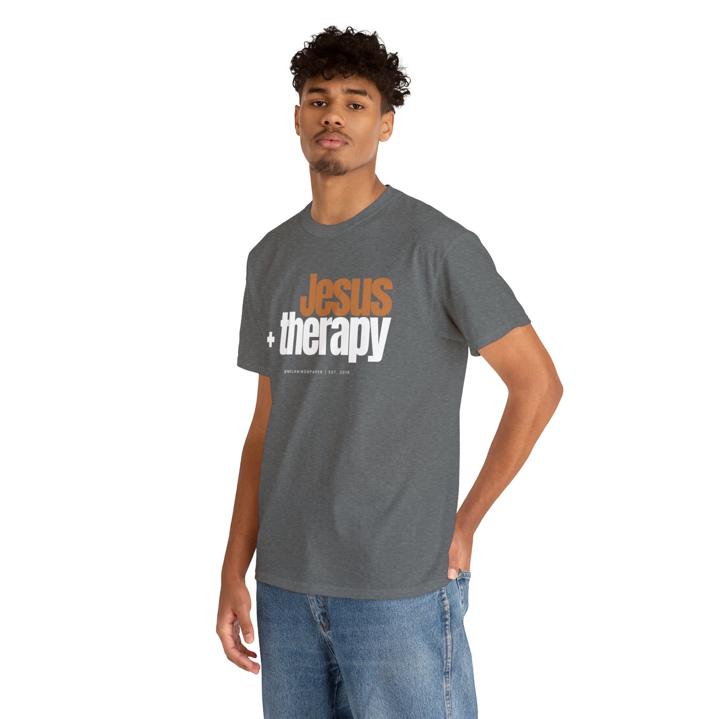 "Jesus + therapy" Unisex Heavy Cotton Tee - Black, Graphite Heather Grey, Dark Heather Grey, & Navy