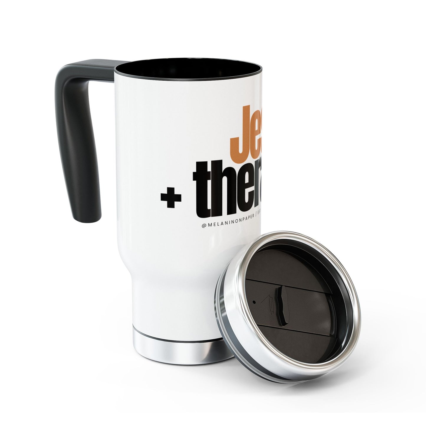 "Jesus + therapy" Stainless Steel Travel Mug with Handle, 14oz