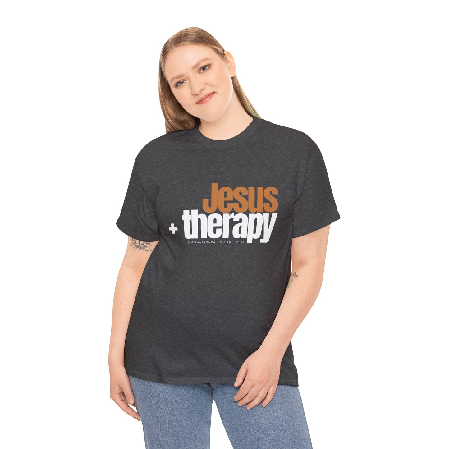 "Jesus + therapy" Unisex Heavy Cotton Tee - Black, Graphite Heather Grey, Dark Heather Grey, & Navy