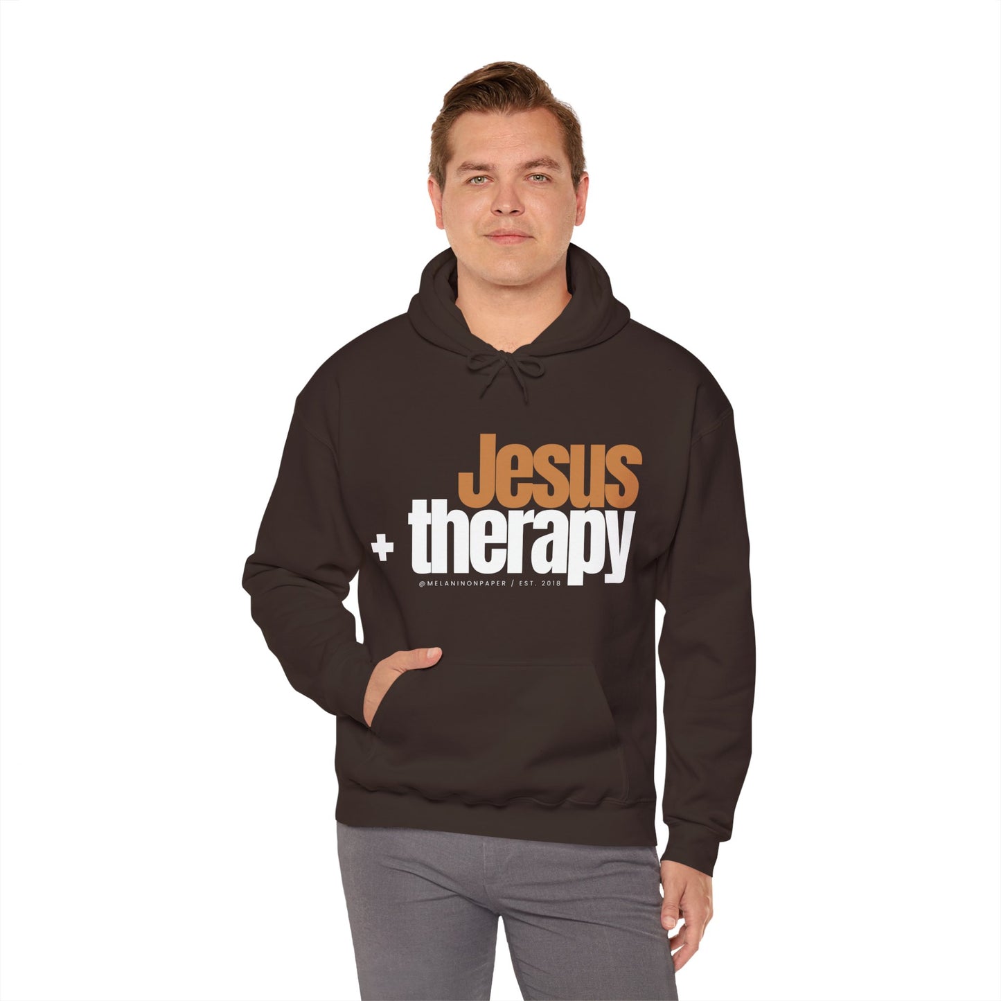 "Jesus + therapy" Unisex Heavy Blend™ Hooded Sweatshirt - Black, Chocolate, Navy Blue, Dark Gray, & Hunter Green Available