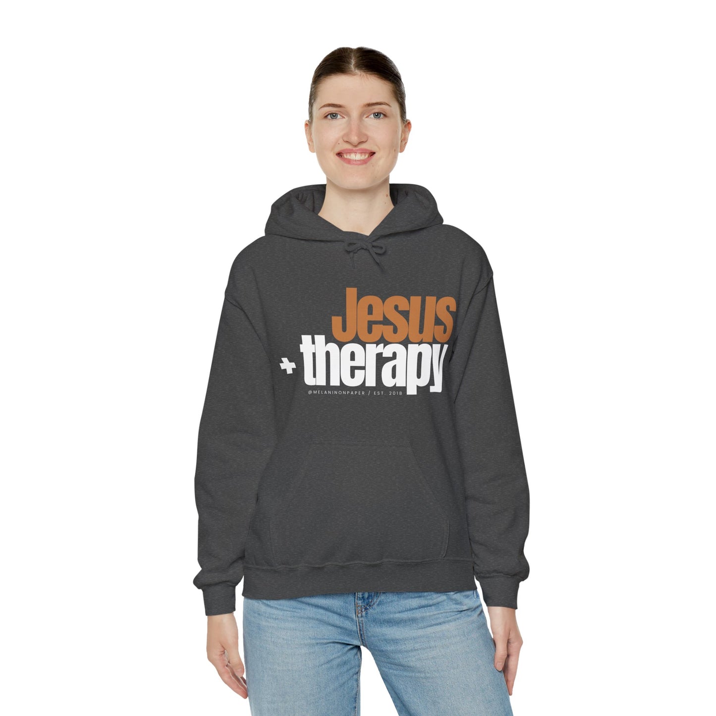 "Jesus + therapy" Unisex Heavy Blend™ Hooded Sweatshirt - Black, Chocolate, Navy Blue, Dark Gray, & Hunter Green Available