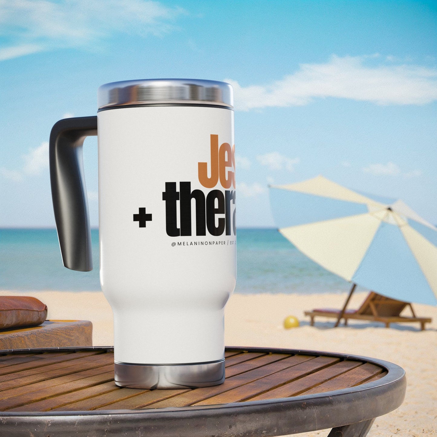 "Jesus + therapy" Stainless Steel Travel Mug with Handle, 14oz
