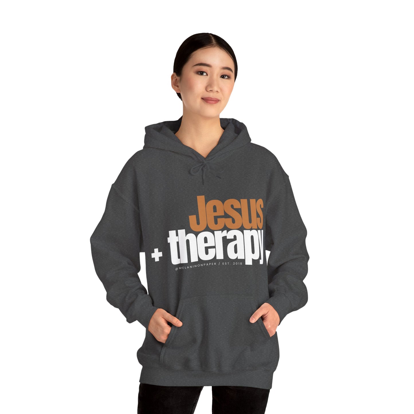 "Jesus + therapy" Unisex Heavy Blend™ Hooded Sweatshirt - Black, Chocolate, Navy Blue, Dark Gray, & Hunter Green Available